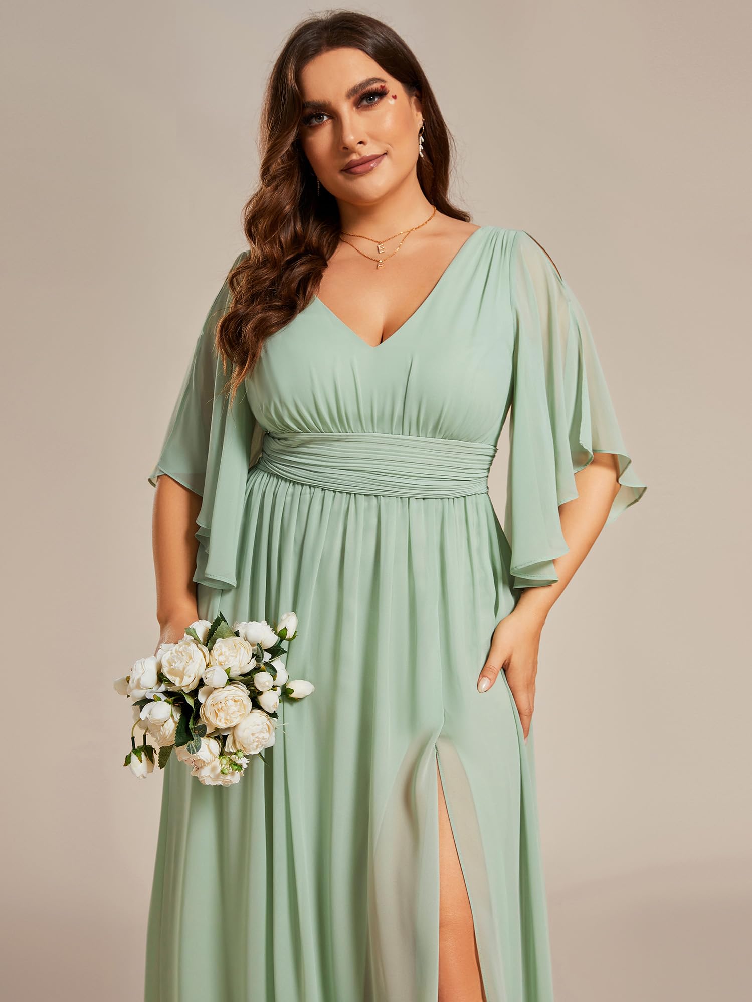 Ever-Pretty Plus Abito da damigella d'onore da donna Plus Size scollo a V mezza manica fessura una linea di lunghezza al pavimento 01886-DA, Verde menta, 58