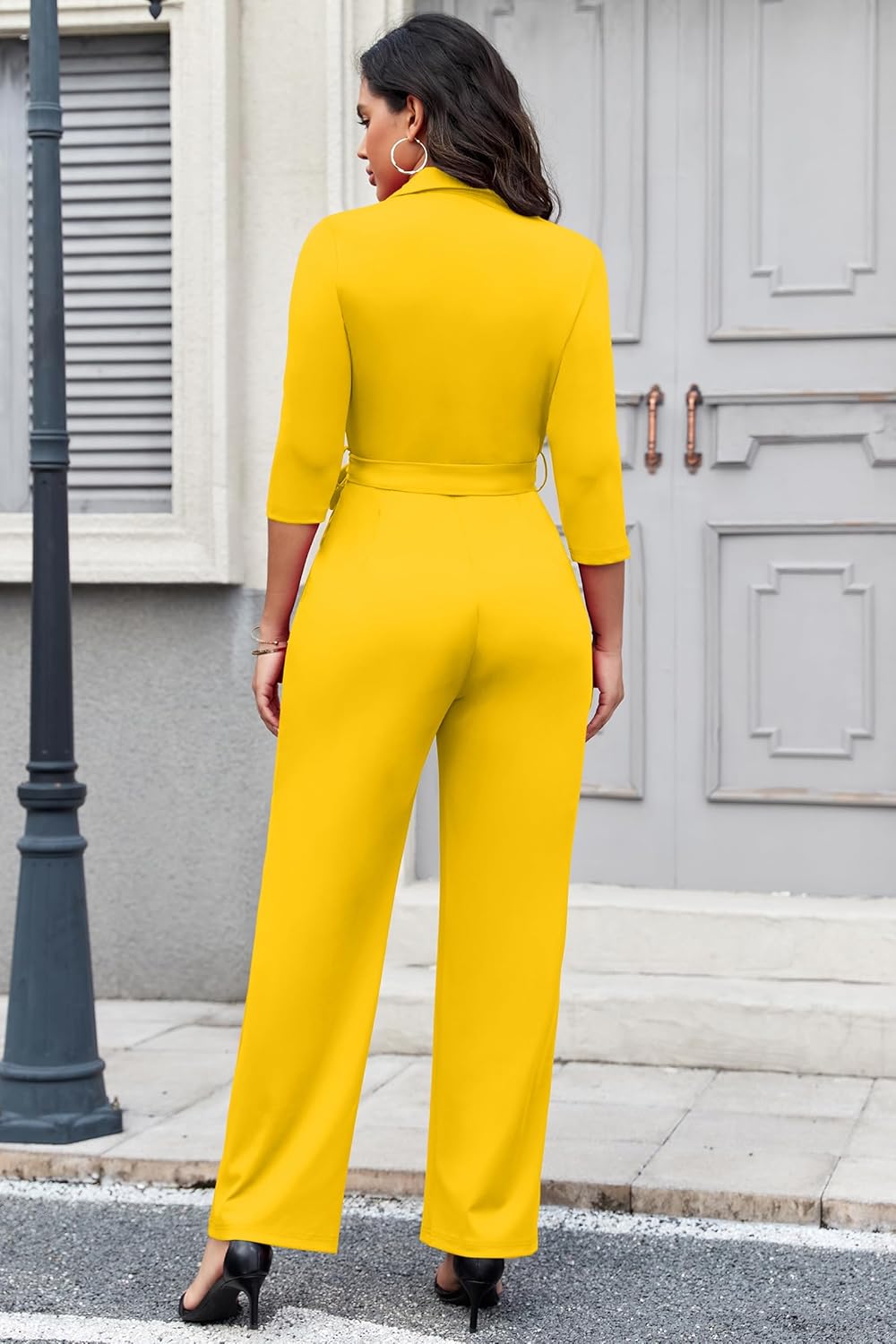 FANDEE Womens Dressy Jumpsuits Casual One Piece Outfit Button 3/4 Sleeve Drawstring Waist Wide Leg Long Pants Romper - Image 5