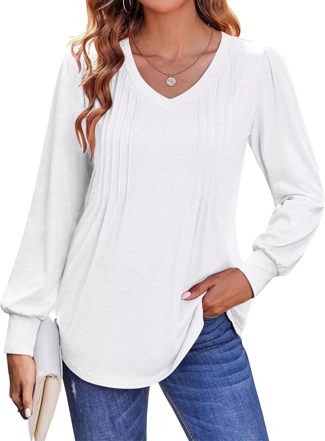 Women's Pleated V Neck T Shirts Puff Long Sleeve Tops Casual Loose Fit Tunic Blouses