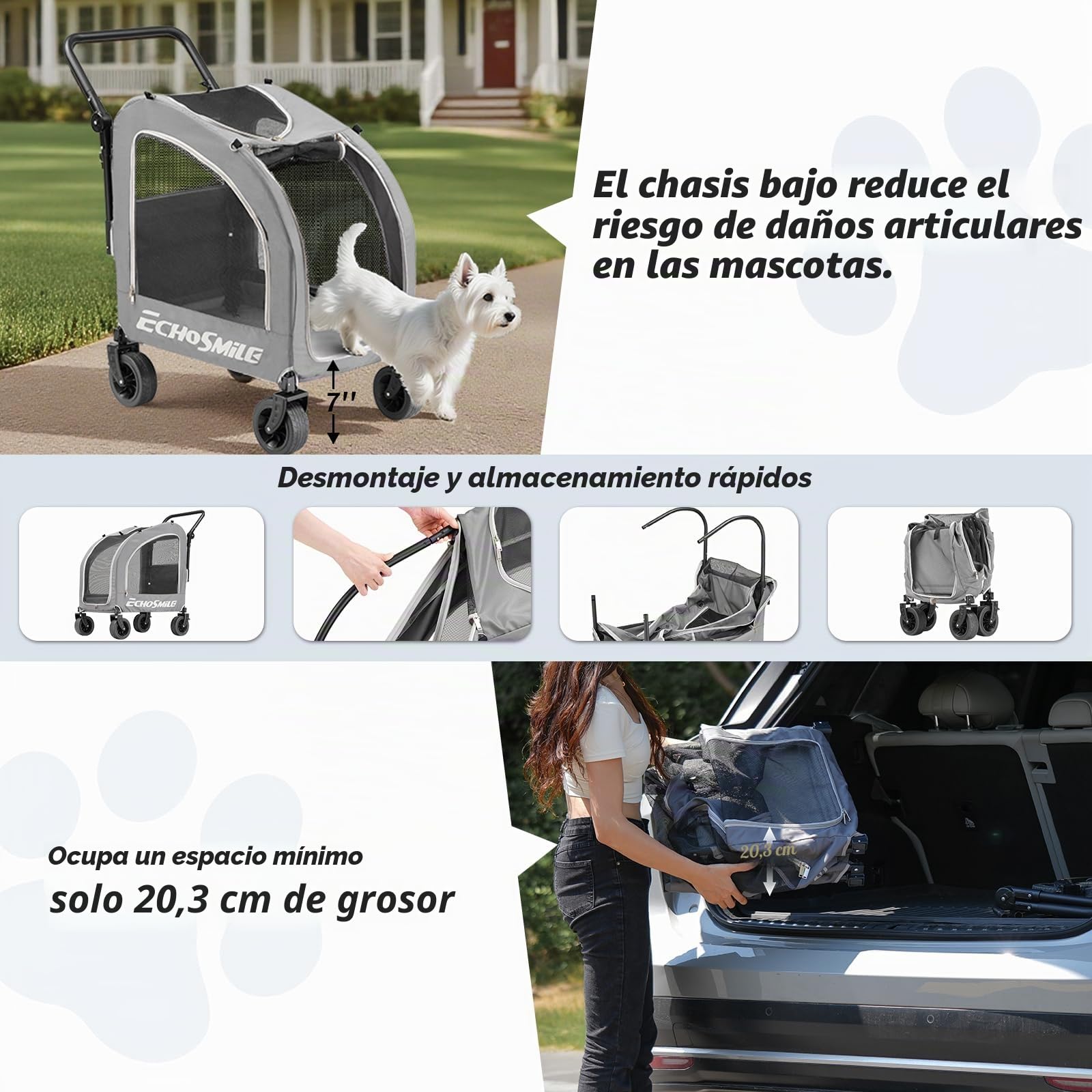 EchoSmile Carrito para Perros pequeños y medianos 20 kg, Carro Perro Plegable, Todoterreno con Doble Freno, Cinturones de Seguridad y Ventanas de Malla, Gris