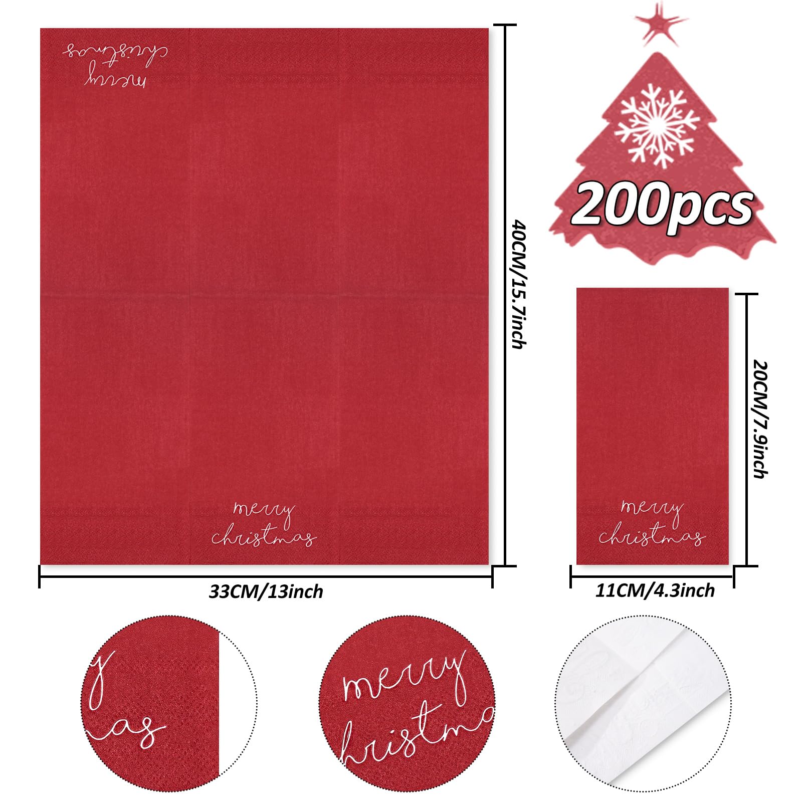 Whaline Lot de 200 serviettes de table jetables en papier pour invités de Noël Rouge/vert