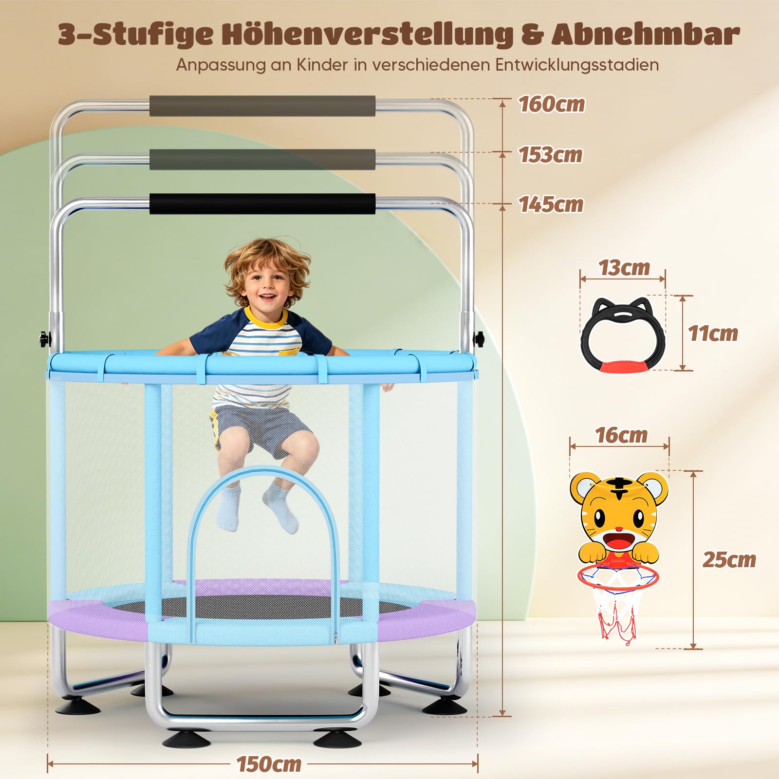 150cm Kindertrampolin, Trampolin Indoor/Outdoor für Kinder, Spielzeug mit Höhenverstellbarer Turnstange, 250KG Belastbar, Sicherheitsnetz, Basketballkorb, Schaukel, Ringe, Boxsack, Ozeanbälle