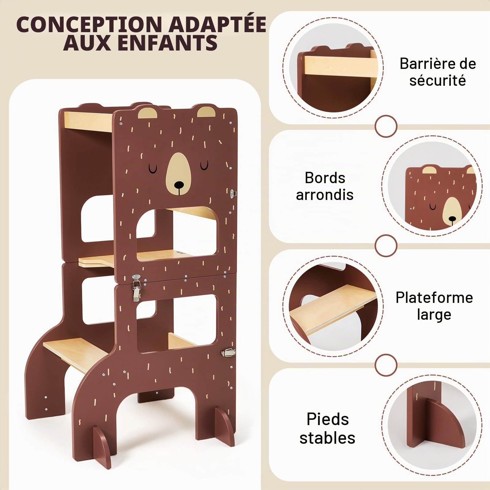 Labebe Tour d Observation Enfant, Grande Taille Tour d'observation Montessori 1-3 Ans,Tour Montessori multifonctionnelle 3 en 1 - l'ours Brun