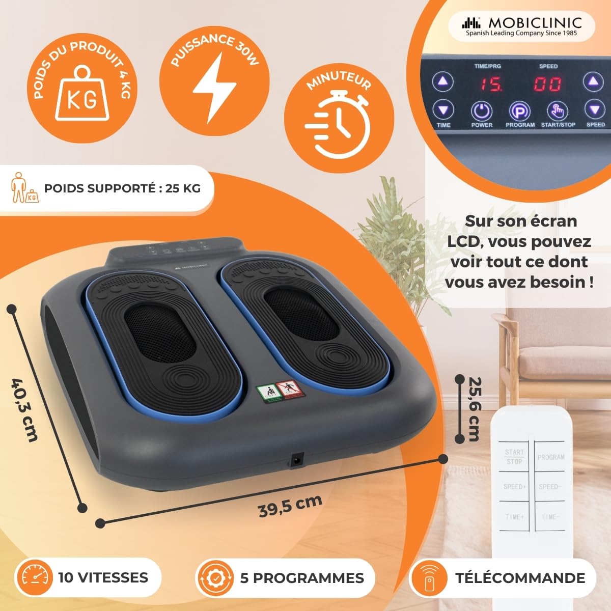 Mobiclinic® fitness, Appareil de massage des pieds, Vibration 10 niveaux vitesse, 5 programmes, Minuterie, Et jambes, Vibrolegs, Télécommande panneau contrôle led, Vibfit