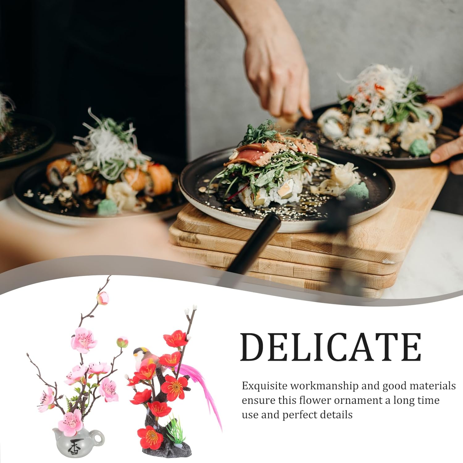 Hemoton Artificial Blossom Embellishment 2Pcs Sushi Plate Decor for Japanese Food Presentation Kitchen Dining Serveware 6.29X5.90X3.54In
