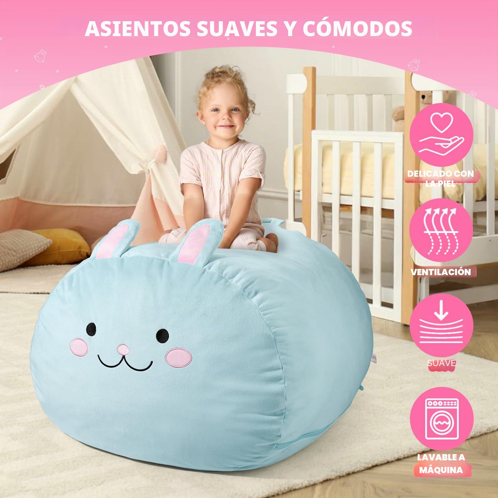 GAGAKU Saco de Almacenamiento para Peluches Conejo Azul 200L Bolsa Puff Salon XXL para Juguetes Habitación Infantil Gran Saco Asiento Rellenable con Cremallera de para Organizador Peluches - Azul