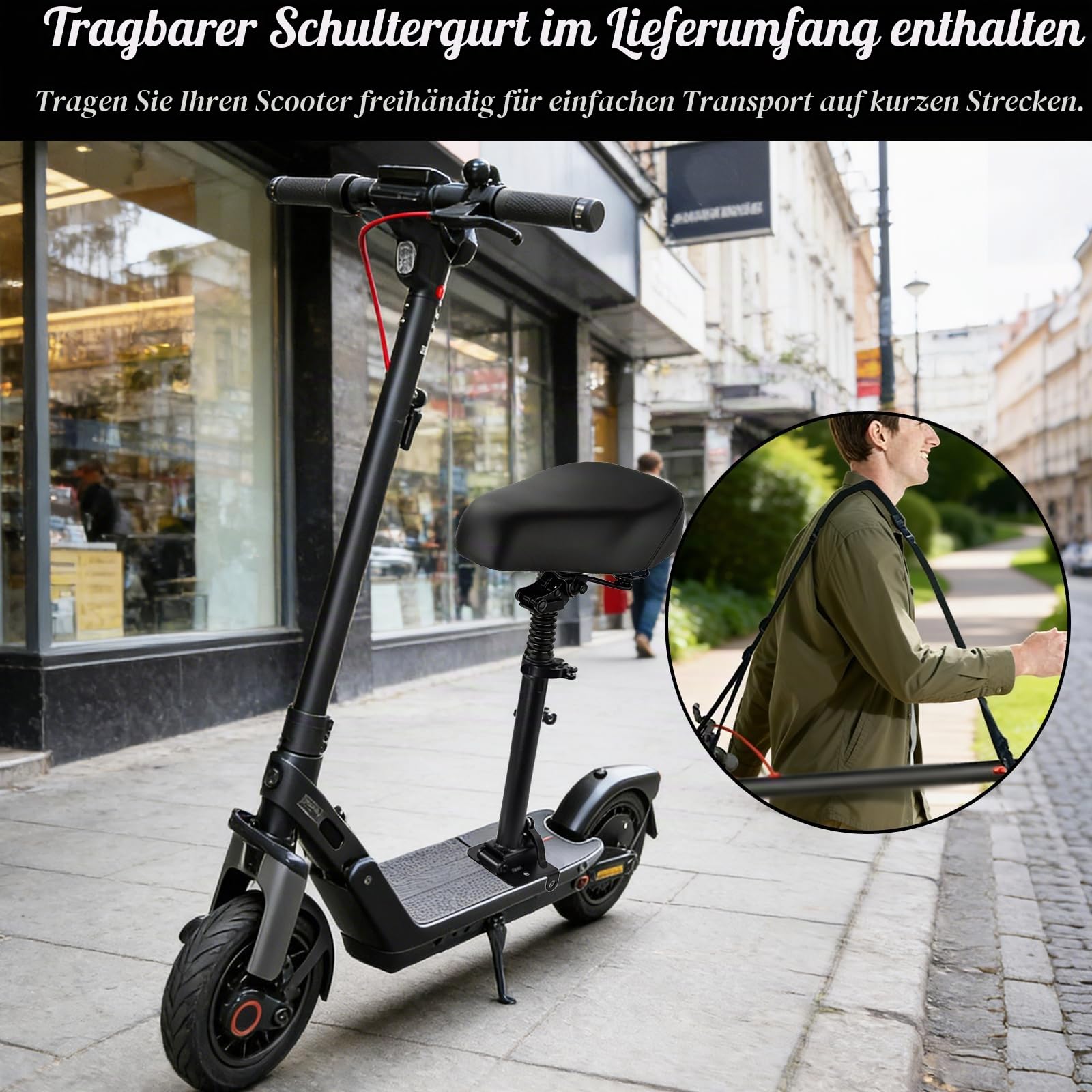 Elektroroller Sitz für Elektroroller Kugoo M4 / M4 PRO, 40-55CM höhenverstellbar Klappsitz, mit Stoßdämpfender Sitzkissen und tragbarer Schultergur (Für Kugoo M4)