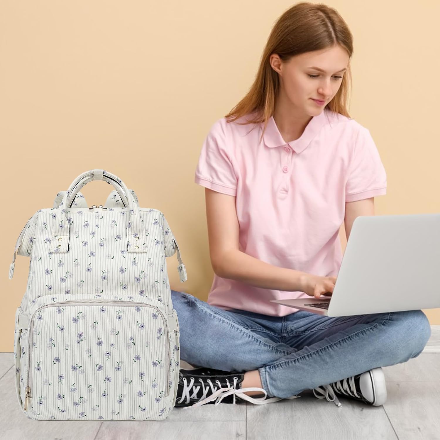 Laptop Backpack for Women, Corduroy College School Backpack Bookbag 15.6 inch Business Computer Travel Backpack (Flowers Purple) - Image 6