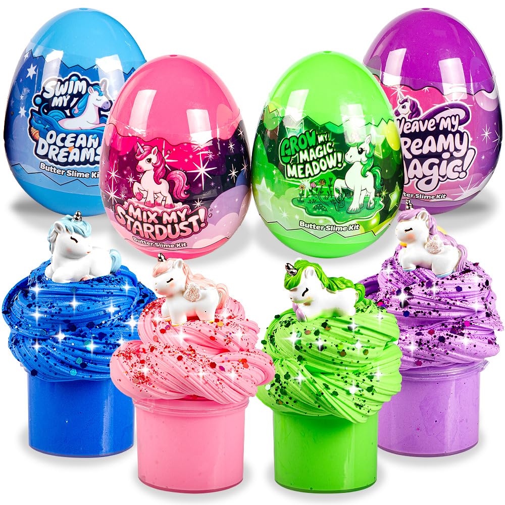 Waybla Easter Basket Stuffers Essentials - 4 Pack Colorful Butter Slimes in Plastic Prefilled Eggs with Unicorn Figurines & Glitter - Fun DIY Gift, Party Favors, Birthday Gift for Kids Teens