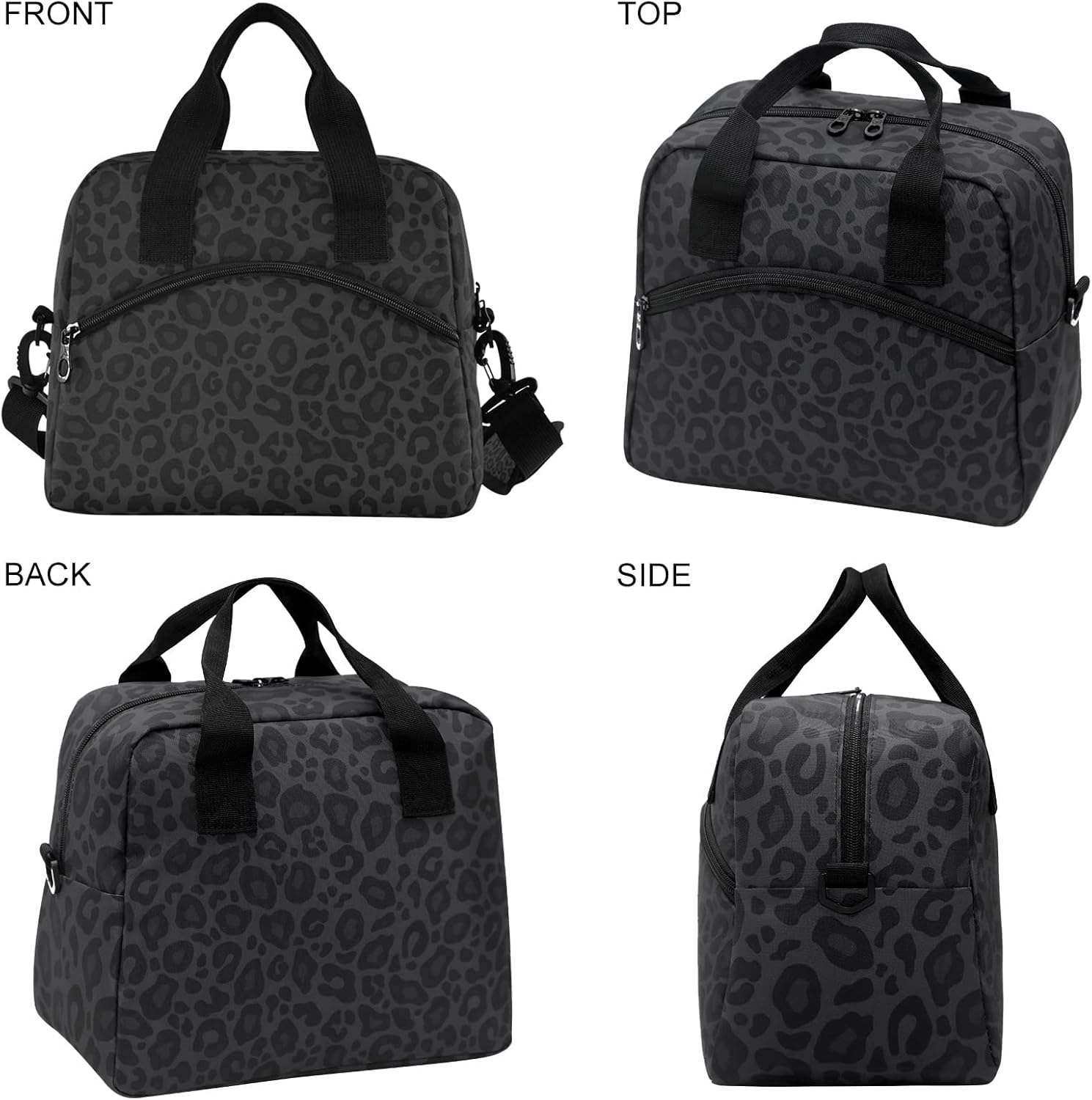 Black Leopard Insulated Lunch Bag Animal Skin Print Reusable Cooler Lunch Tote Box with Shoulder Strap for Work Picnic School Beach