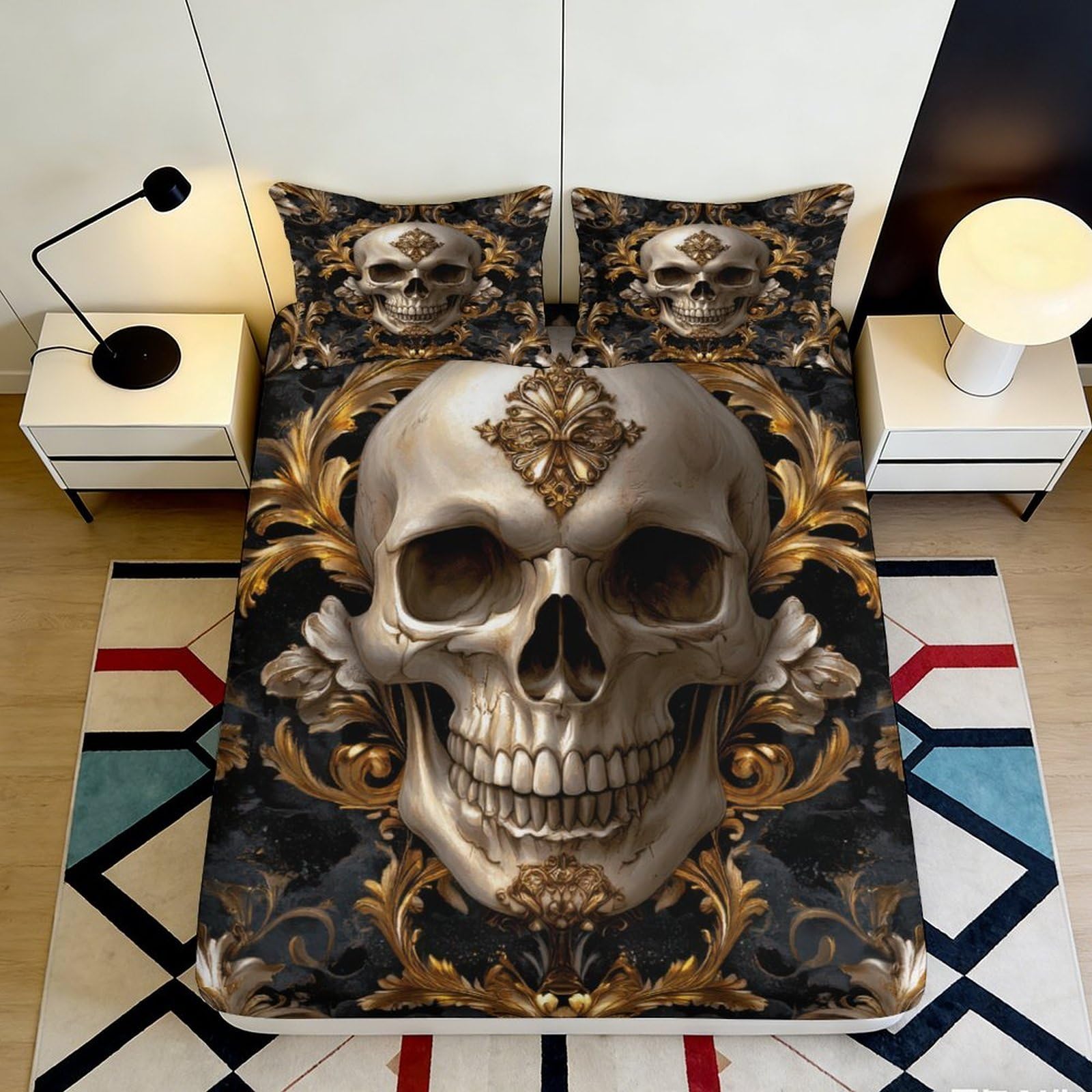 3D Printed Skull Baroque Fitted Sheet Microfiber Bedroom Decor Gothic Mattress Cover Dustproof for Home Guest Room 90x200x25cm