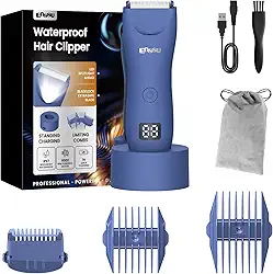 Aparador de Pelos Corporais Masculino, Aparador de Pelos Íntimos e Virilha Impermeável com Lâmina Cerâmica Segura, Elétrico para Corpo e Barba, Display LCD, Base de Carregamento (Azul)