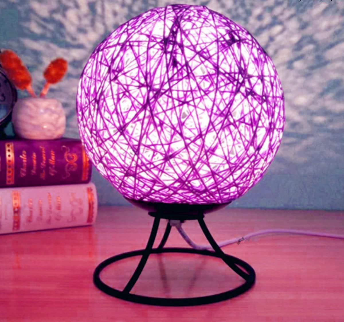 AALIN LED Table Light, Wooden Night Light Bedside Lamp Rattan Ball Desk Lamp USB Powered Reading Lamp Children Room Decoration Lamp Office Desk Lamp (Lron Frame, Purple)