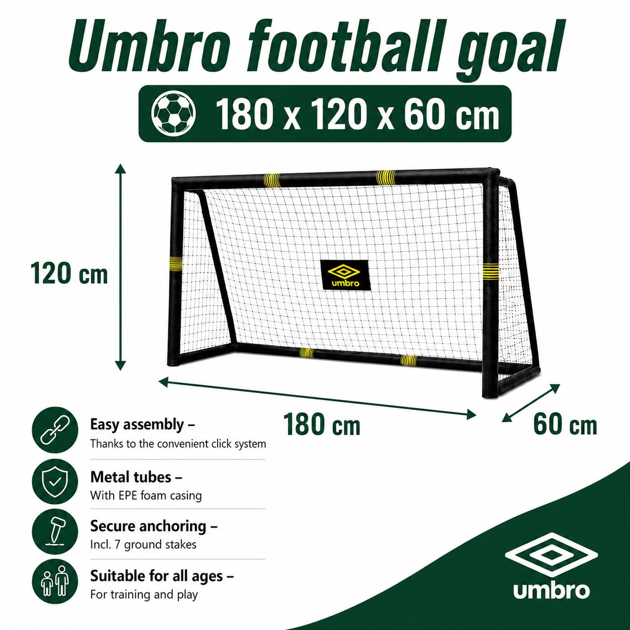 Umbro Porta da calcio 180 x 120 x 60 cm - Porta da giardino per bambini e adulti - Accessori per allenamento - Metallo - Nero/Giallo