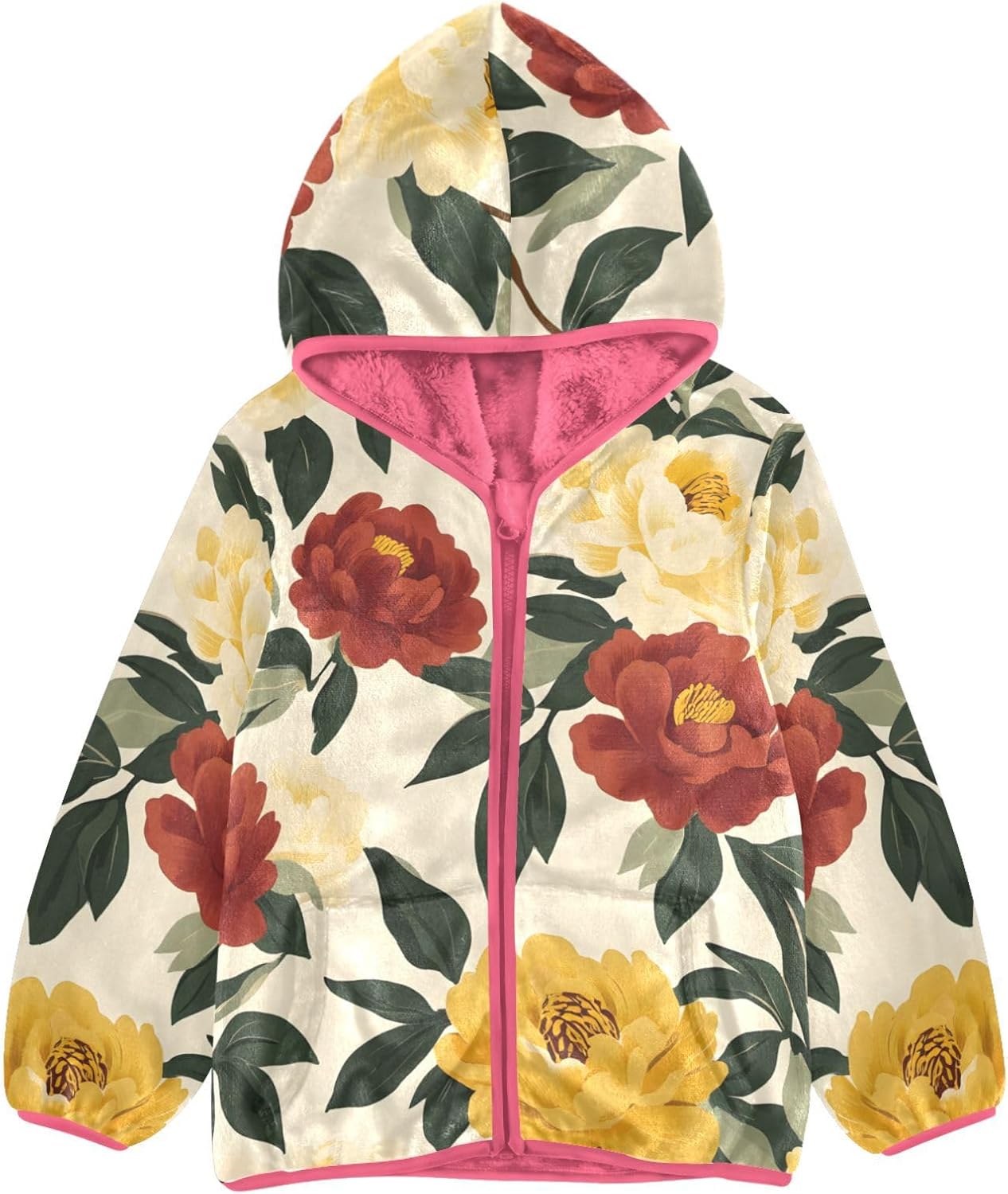 ALAZA Peony Tile Hoodie Jacket for Girls Toddler Fleece Zip Up Coat Plush Jacket Long Sleeve Outerwear for 3 Years