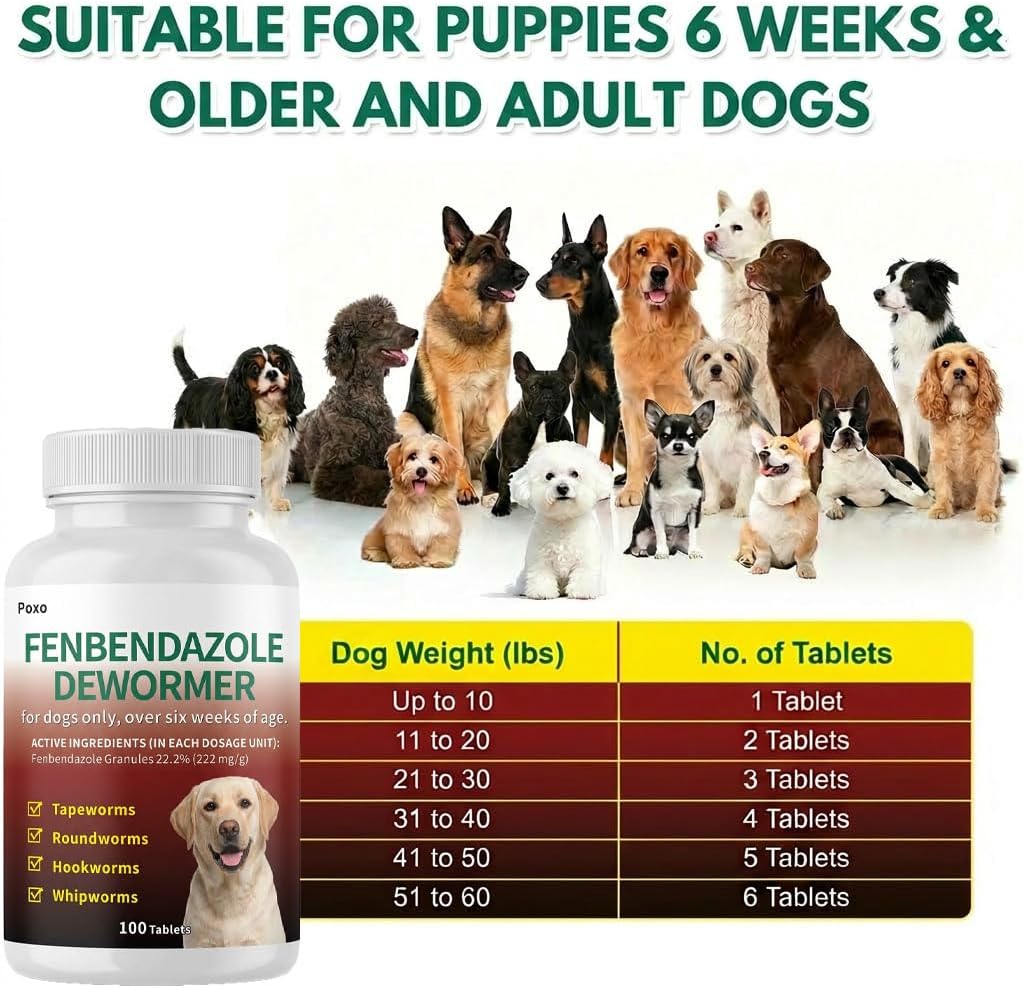 Dog Dewormer with Fenbendazole for Dogs, Broad-Spectrum, Safe for Puppies 6 Weeks & Older, 100 Tablets