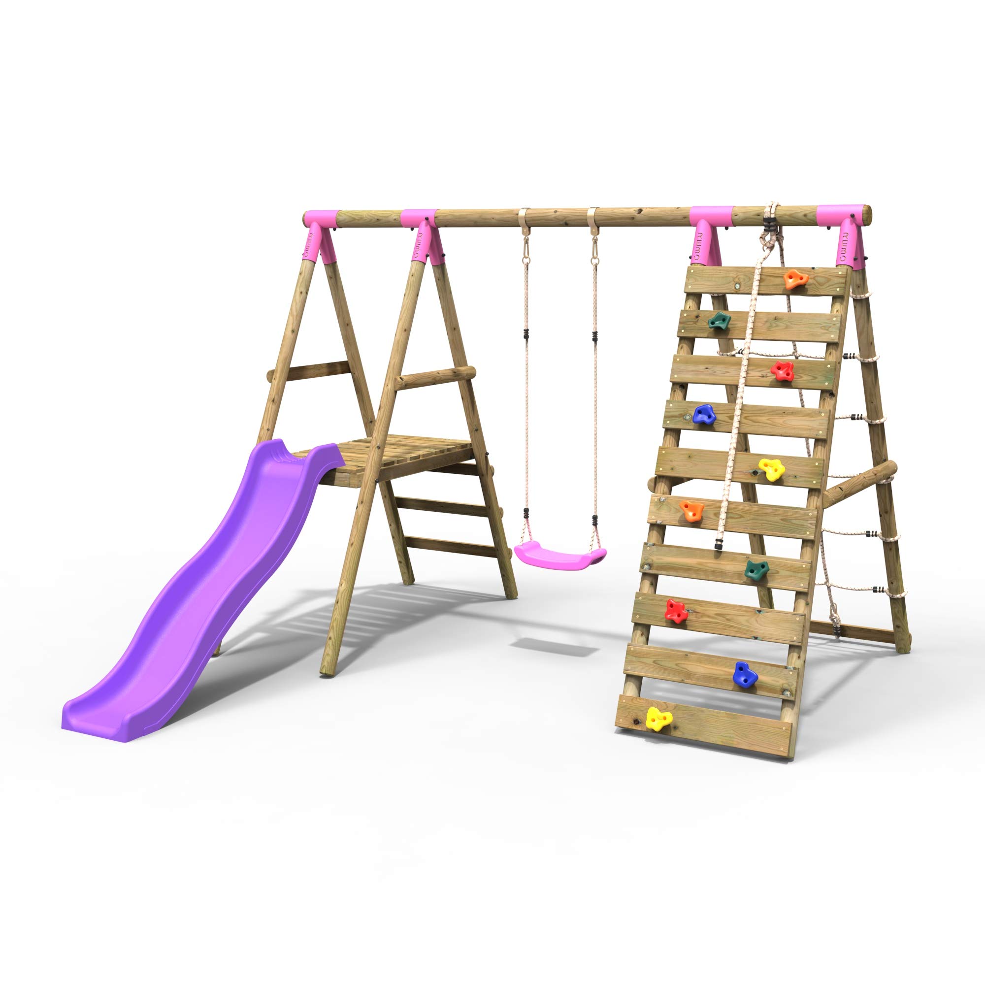 Rebo Wooden Swing Set With Deck And Slide Plus Up And Over Climbing WallAmber Pink from B&Q