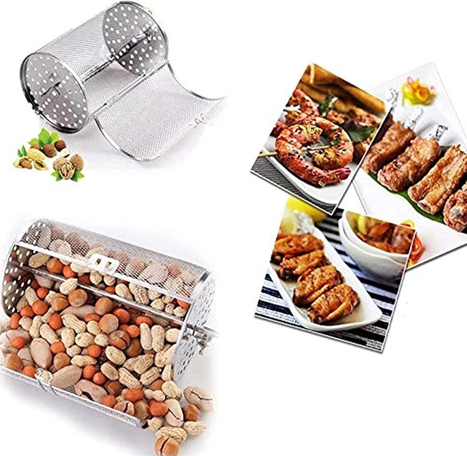 BBQ Grill Basket Round,Rolling Grill Basket,Stainless Steel Grill Roaster Drum Oven Basket,Round Tumble Rotisserie Basket,360 Degree Rotated Grilled Cage