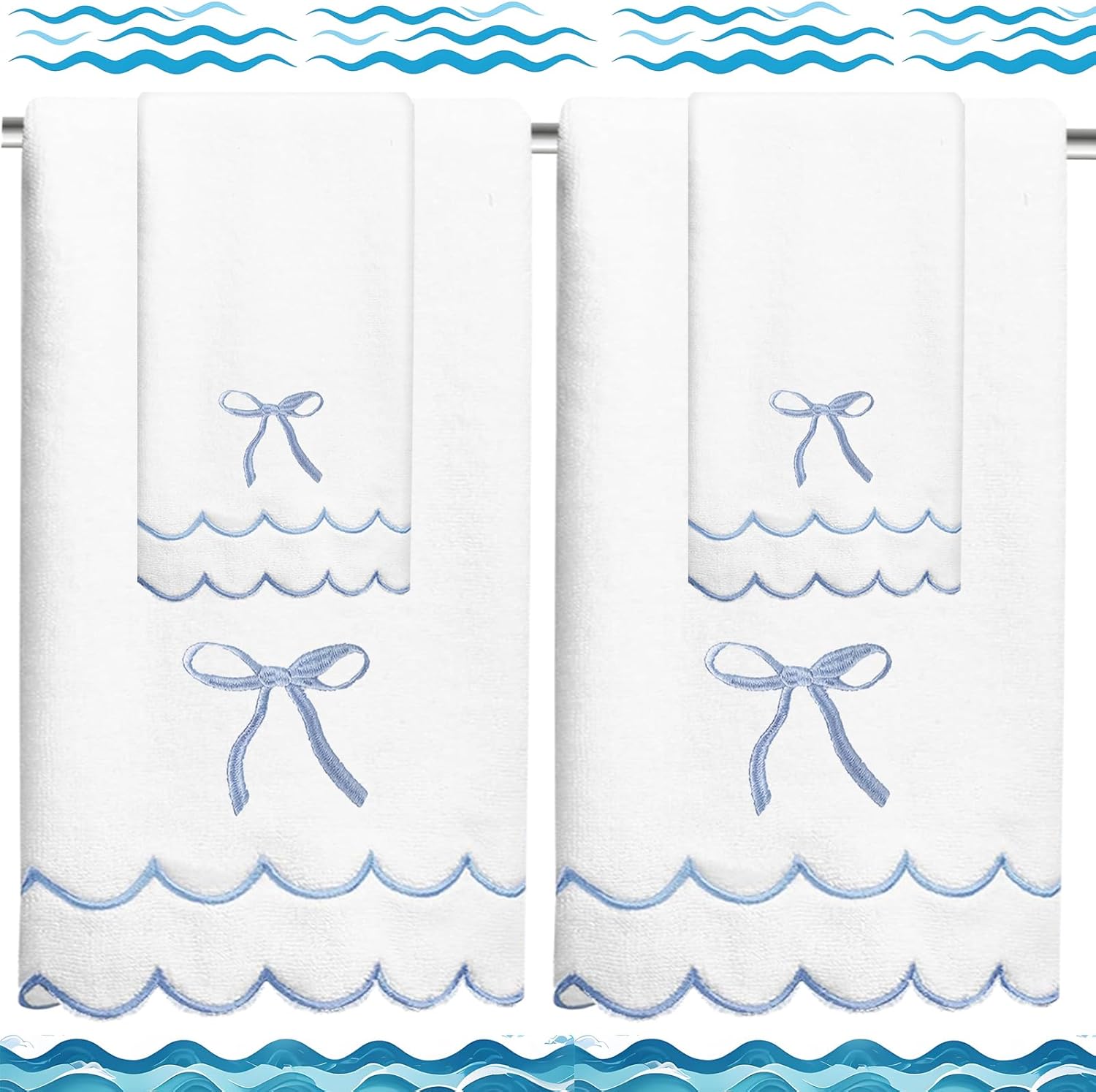 4 Pcs Scalloped Towels for Bathroom 100% Cotton 2 Bath Towels 2 Hand Towels Scallop Bathroom Towels Embroidered Dish Towel Decorative Soft Bath Towel for Kitchen (Bow Blue, 2*Bath+2*Hand towel)