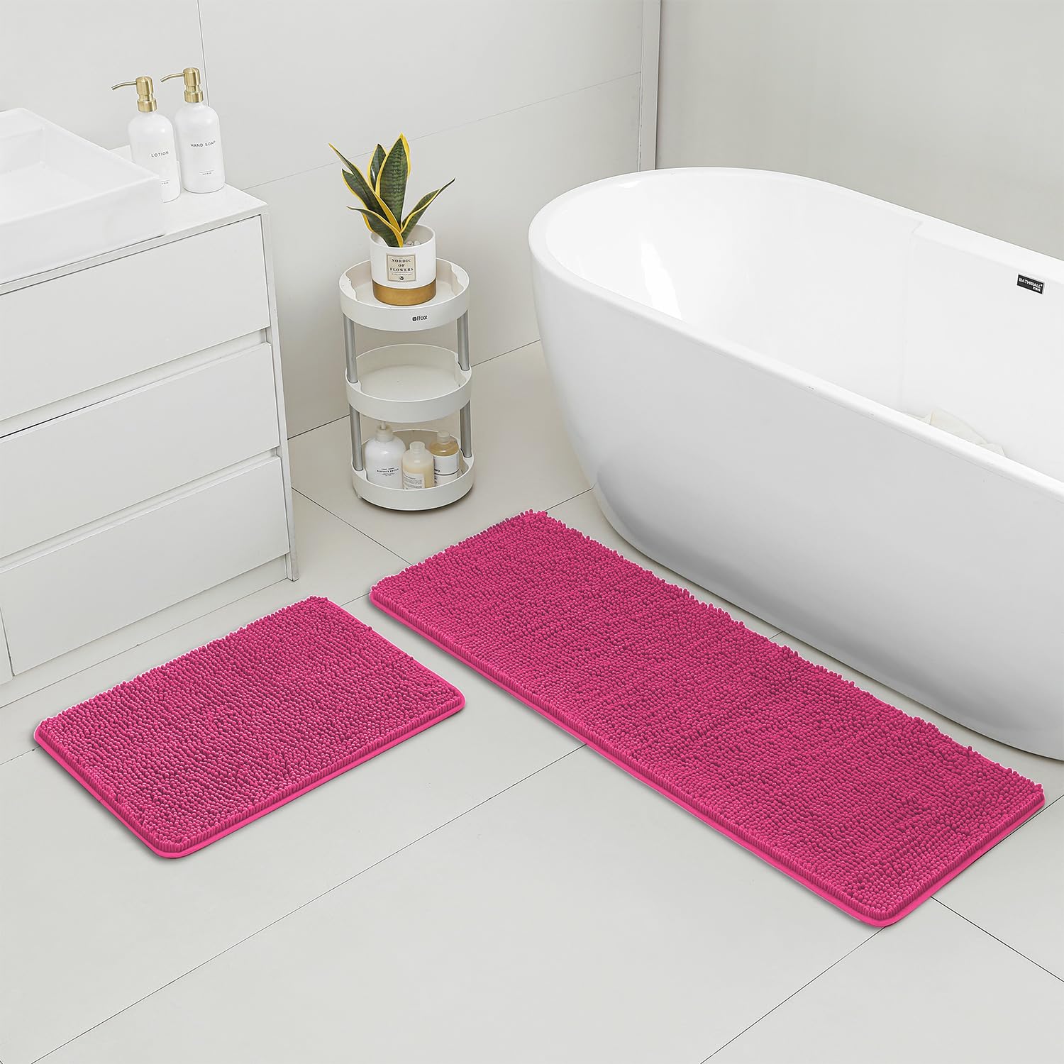 Yeaban Bathroom Rugs Sets 2 Piece – Chenille Bath Mats | Absorbent and Washable Bath Rug Non-Slip, Soft Rugs for Bathroom, Shower, Sink(17" x 24"+17" x 47", Hot Pink) — image 1