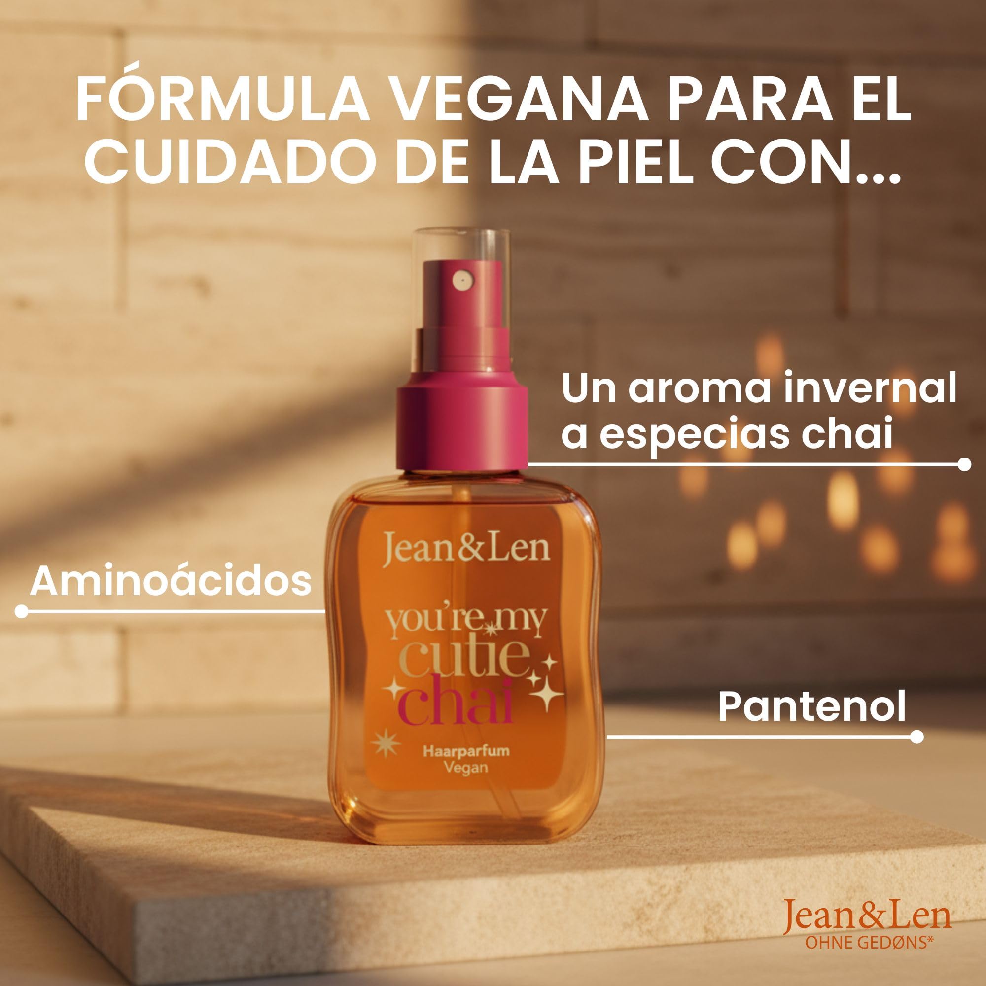 Jean & Len perfume capilar You’re My Cutie Chai, fórmula de cuidado con aminoácidos y pantenol, aroma invernal a especias chai, vainilla y naranja, con partículas de purpurina dorada, vegano, 105 ml