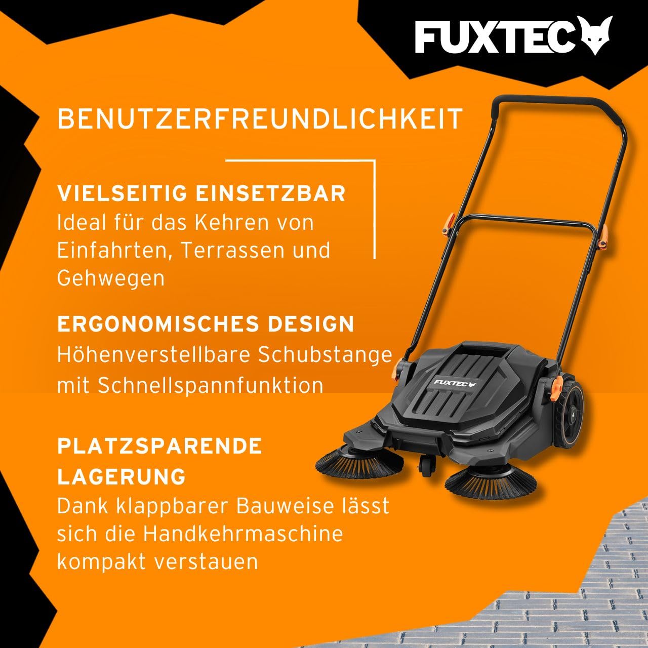 FUXTEC Handkehrmaschine FX-HK65, Kehrgerät für mittlere bis größere Außenbereiche, 650 mm Arbeitsbreite, 20 L Kehrbehälter, Flächenleistung bis ca. 2000 m², ergonomisches Design