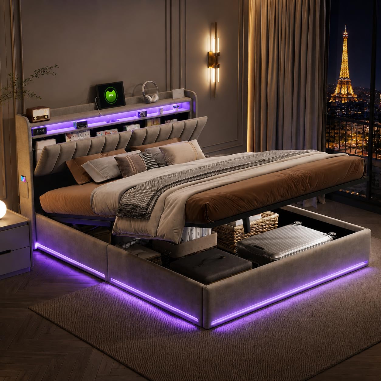 Lit Coffre 160 x 200 cm,avec Éclairage LED et Port USB,Lit Double Rembourré avec Rangement et Tete de lit,pour Adultes et Adolescents,Velours (Gris A, 160 x 200 cm)