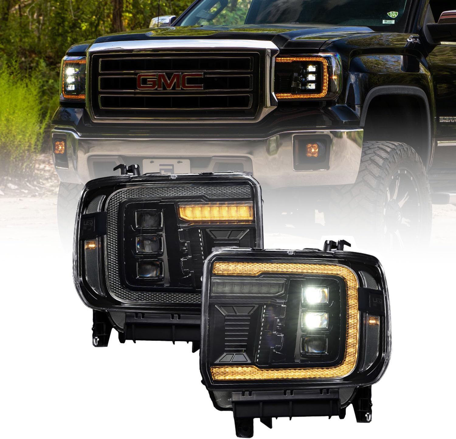 Form Lighting Sequential LED Projector Headlights with Amber DRL compatible with GMC Sierra 1500/2500/3500 2014-2018 (pair)