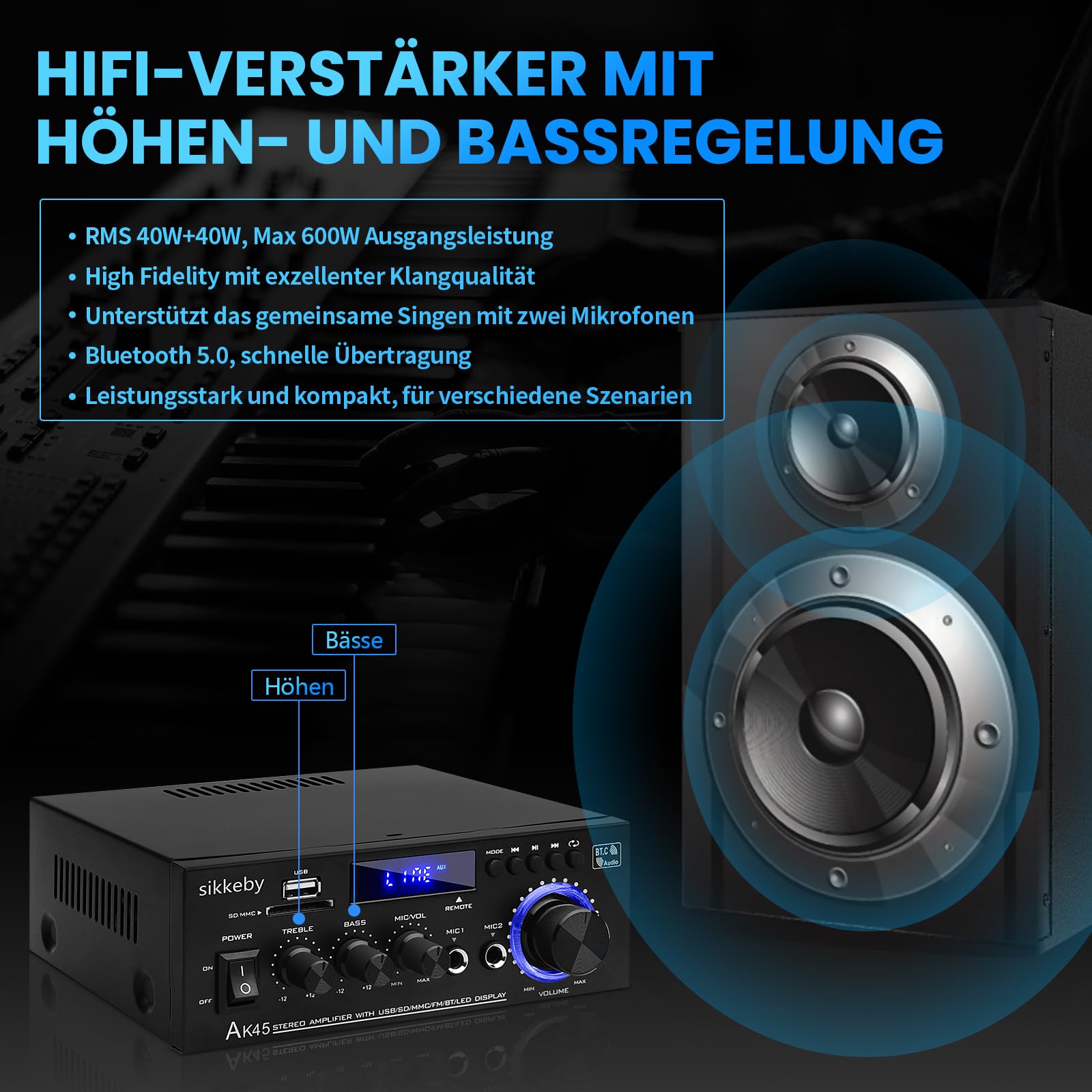 HIFI-Amplificateur,600W Mini récepteur amplificateur audio stéréo Bluetooth,AK45 2-canaux numérique amplificateur audio 12V/220v avec Radio FM,entrée de carte SD/USB pour la maison ou la voiture