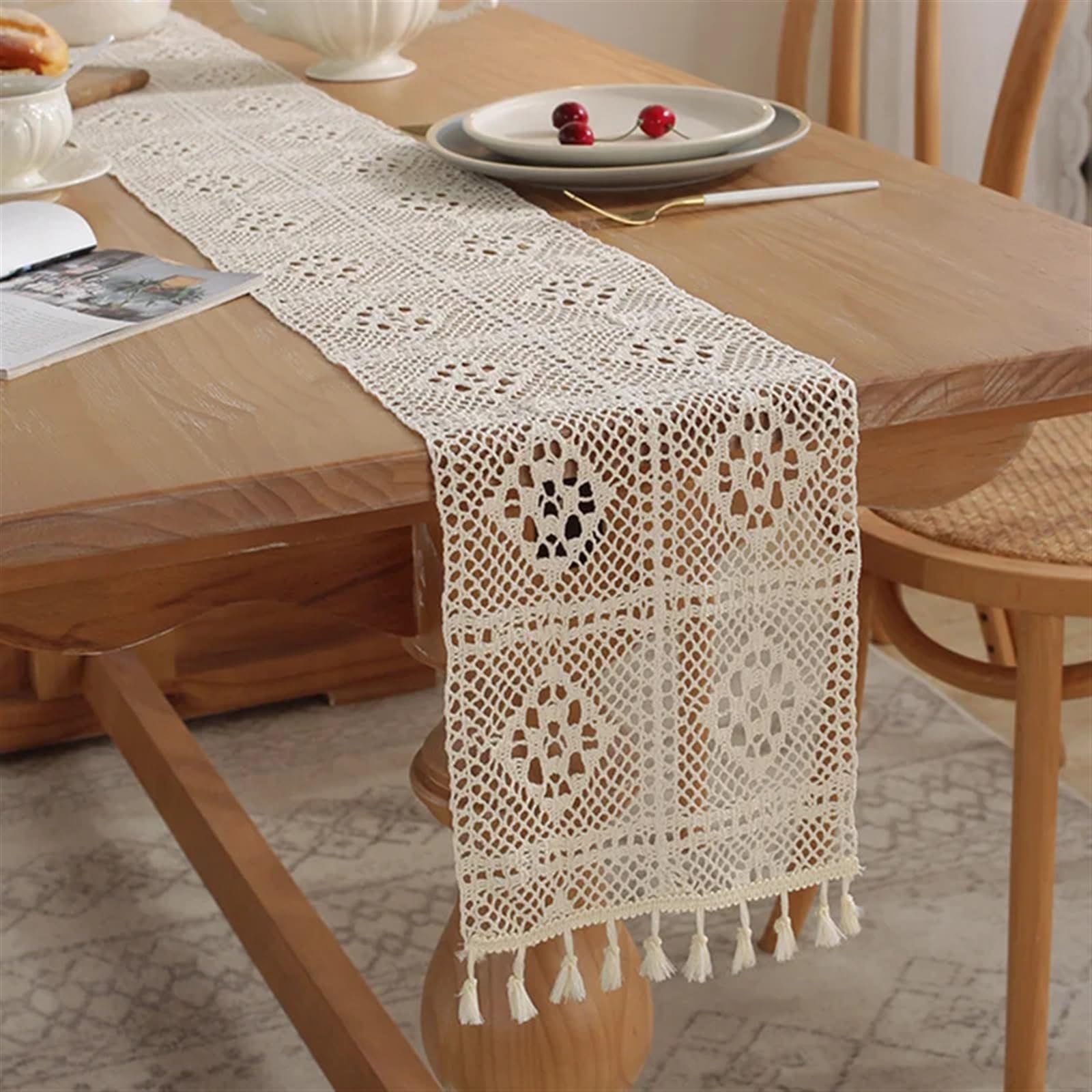 Koronkowy bieżnik na stół, Świąteczny bieżnik szydełkowy z koronką i frędzlami mieszanki bawełny(Table Runner E,24x180cm)