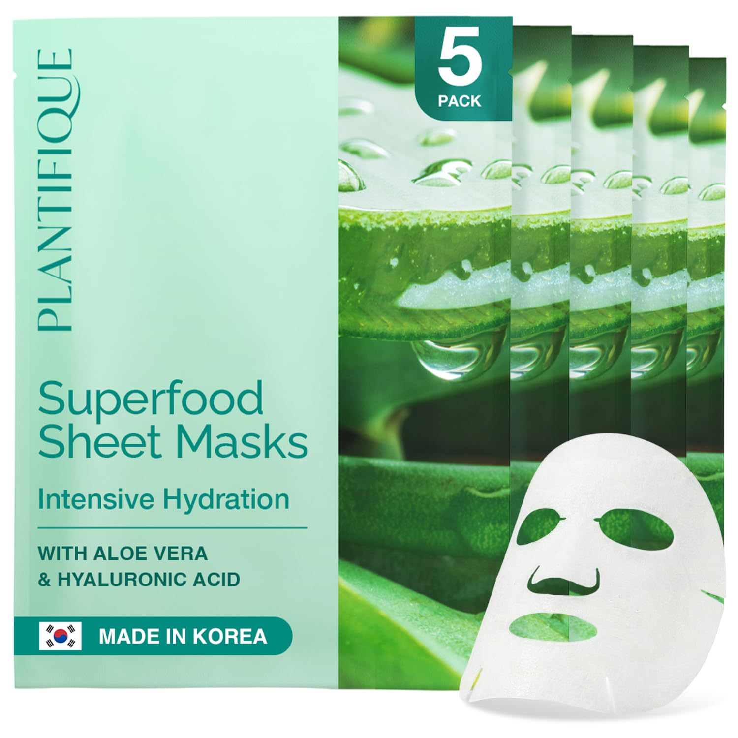 PLANTIFIQUE Koreanische Gesichtsmaske 5-Pack mit Superfoods - Aloe Vera, Hyaluronsäure & Ceramid NP - Feuchtigkeitsspendende und beruhigende Tuchmaske - Korean Face Mask