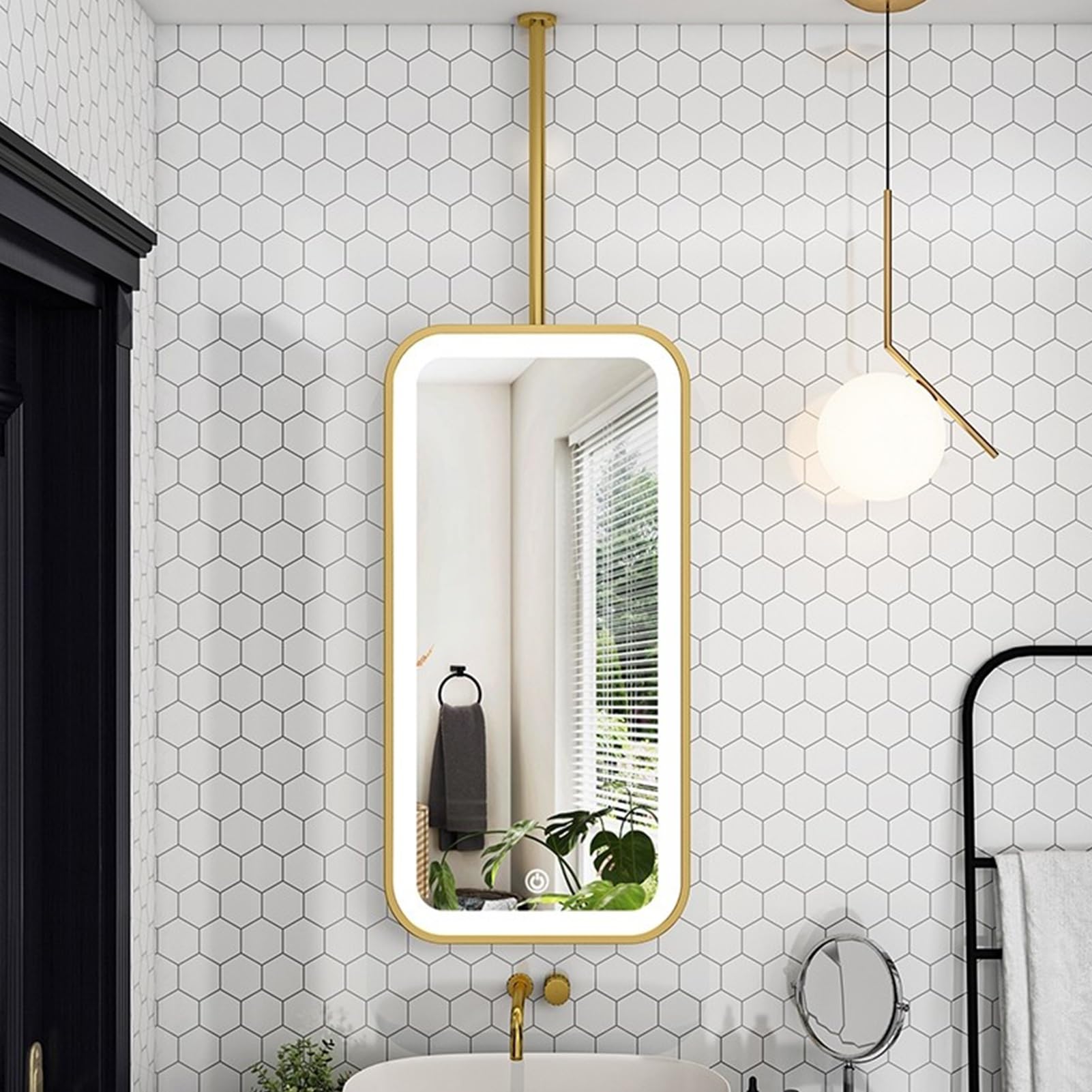 SXFSDOU Gold Bathroom Mirror LED Vanity/Makeup Mirrors, Rectangle Wall Mounted Mirrors with Ceiling Hanging Rod, Store Hotel Entrance Decorative HD Mirrors(50cmx70cm)