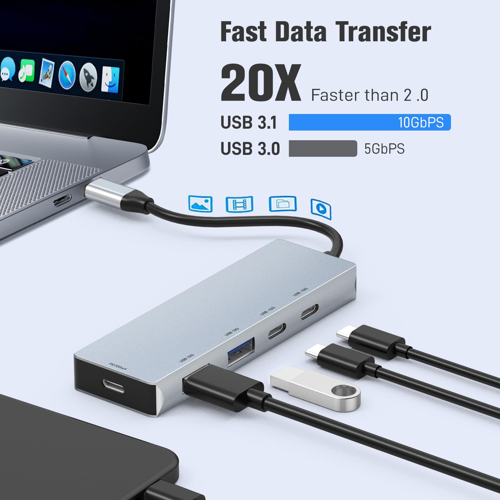 Leinsis Hub USB 3.2 de 10 Gbps, 4 puertos USB 3.2 con 2 USB-C 3.2 y 2 USB-A 3.2, PD 100 W de carga rápida para MacBook Pro, MacBook Air, portátiles Acer, portátiles HP, iPad Pro More.(plata