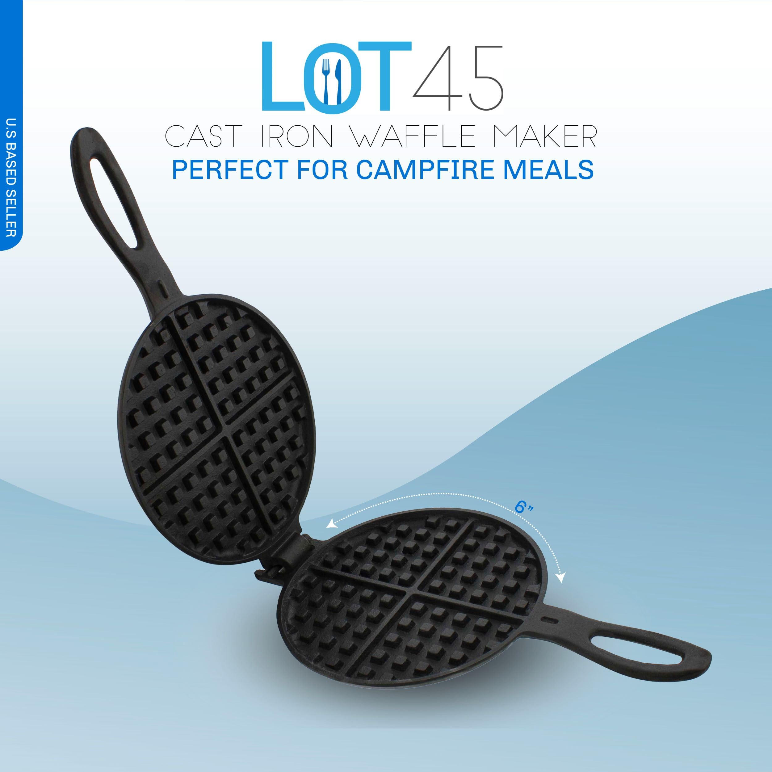 Lot45 Cast Iron Waffle Maker Pan - 6in Stove Top Waffle Iron Cookware, Portable Camping Breakfast Maker for Stovetop
