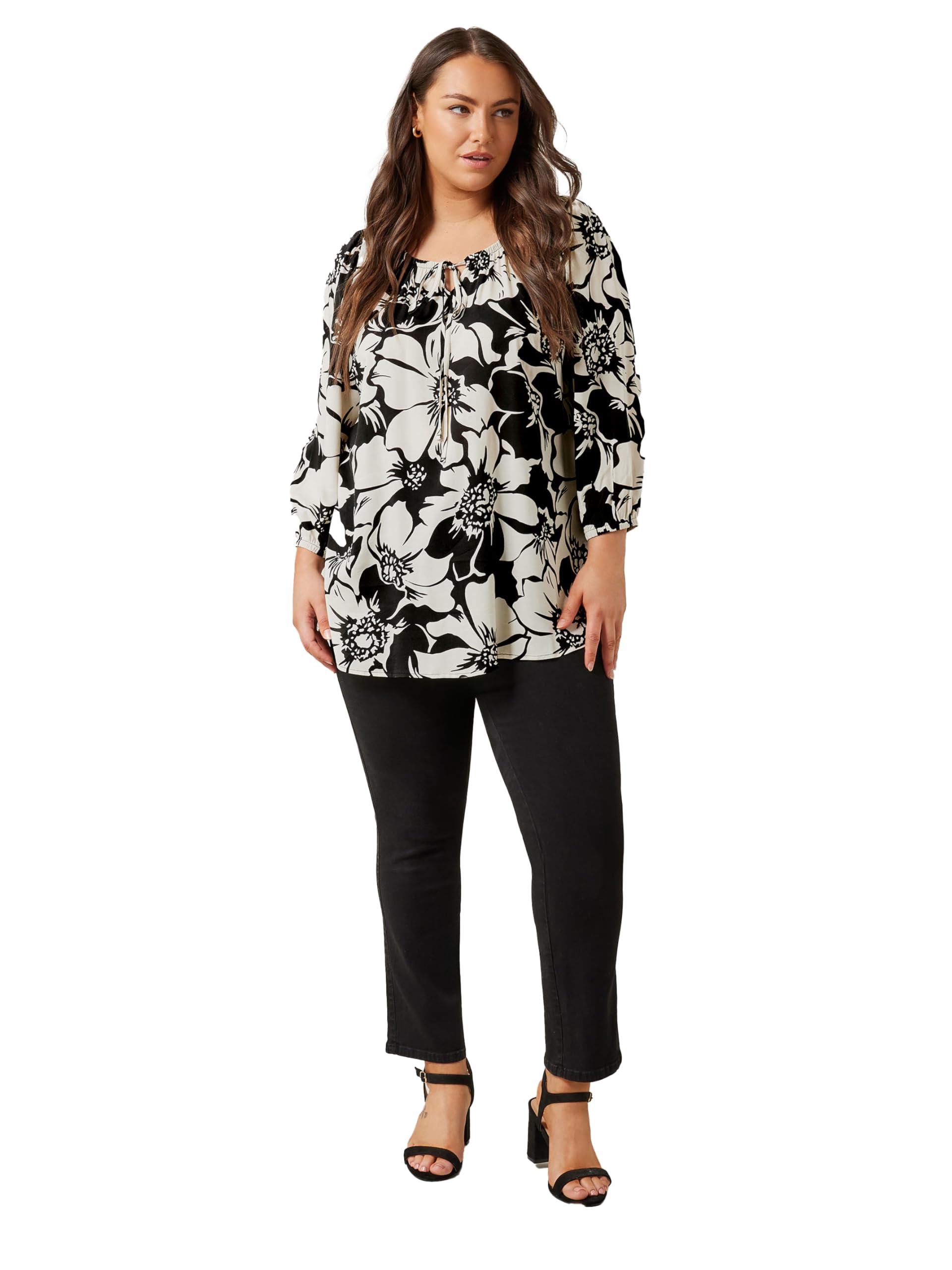 Evans Women's Black Curve Floral Print Tie Neck Blouse - Plus Size Curve