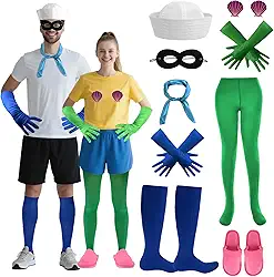 9 peças de fantasia de casal de Halloween, acessório de fantasia de marinheiro de sereia de Halloween, luvas longas de cetim, chapéu de capitão, chinelos, meias para homens e mulheres, cosplay