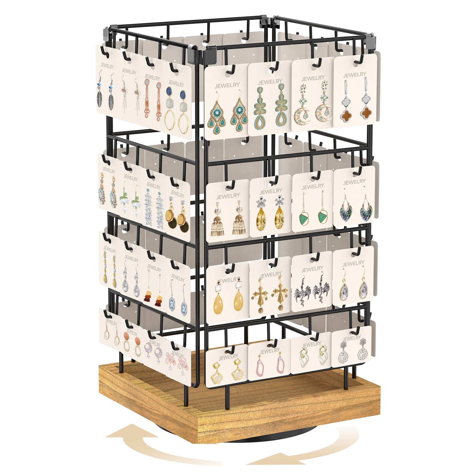 MODOWEY 360 Rotating Earring Cards Organizer Holder Stands for Selling Vendors, 64 Hooks Jewelry Display Tree, Large Capacity Storage Wood Rack Tower Women Dresser Stud Pierced(Brown)