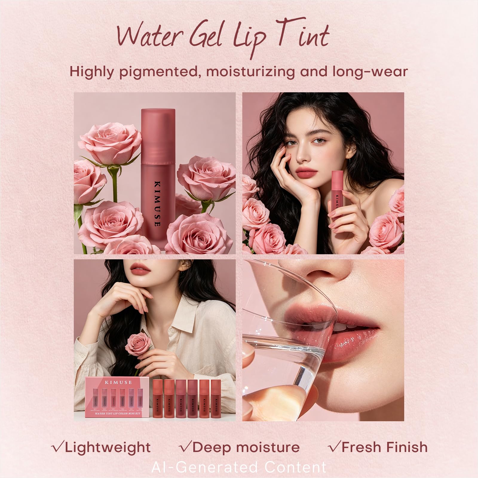 KIMUSE Water Lip Tint, Rouge à lèvres liquide Lip Stain Set 6PCS | Hydratant Léger Très pigmenté Longue durée, hydratant Finition brillante