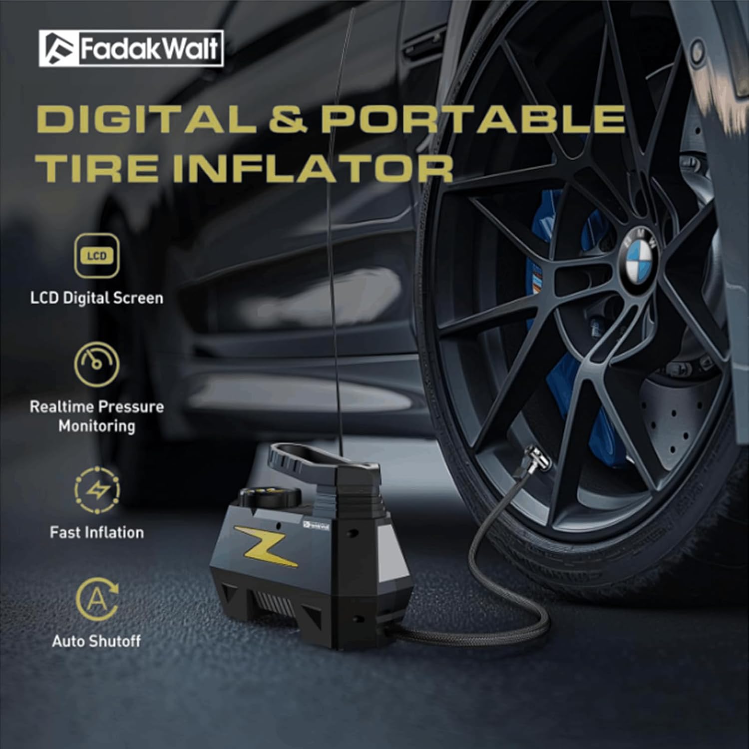 FADAKWALT Tire Plug Repair Kit with 12V DC Tire Inflator, Tire Patch Tool Set Includes Spiral Probe Tool, Insertion Tool, 3 Repair Plugs, and Tire Repair Glue for Cars and Motorcycles (yellow pump)