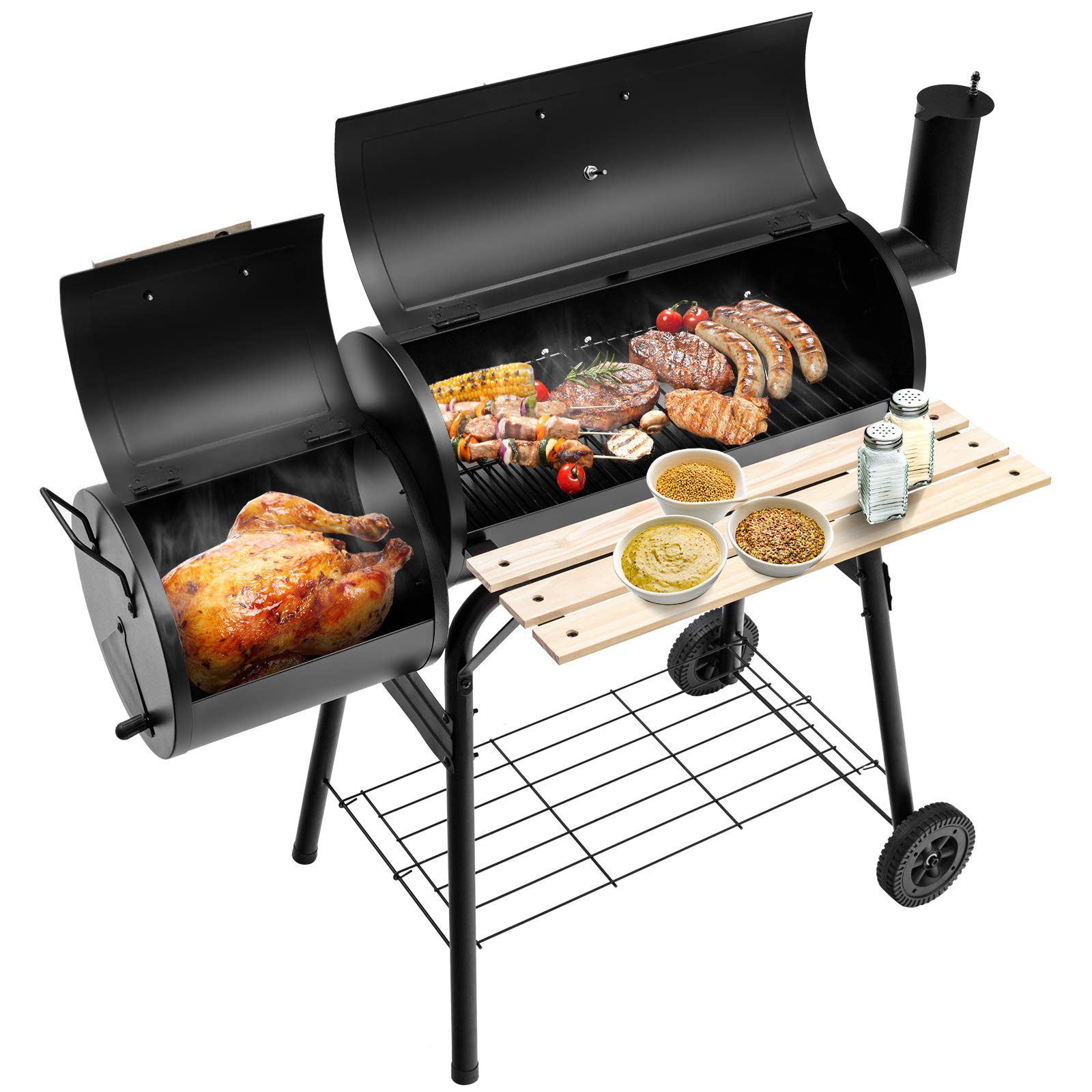 KOMFOTTEUBarbecue a carbone con termometro e ruote, griglia in acciaio con camino, affumicante per esterni, con tavolo laterale e ripiano inferiore, 115 x 65 x 108 cm