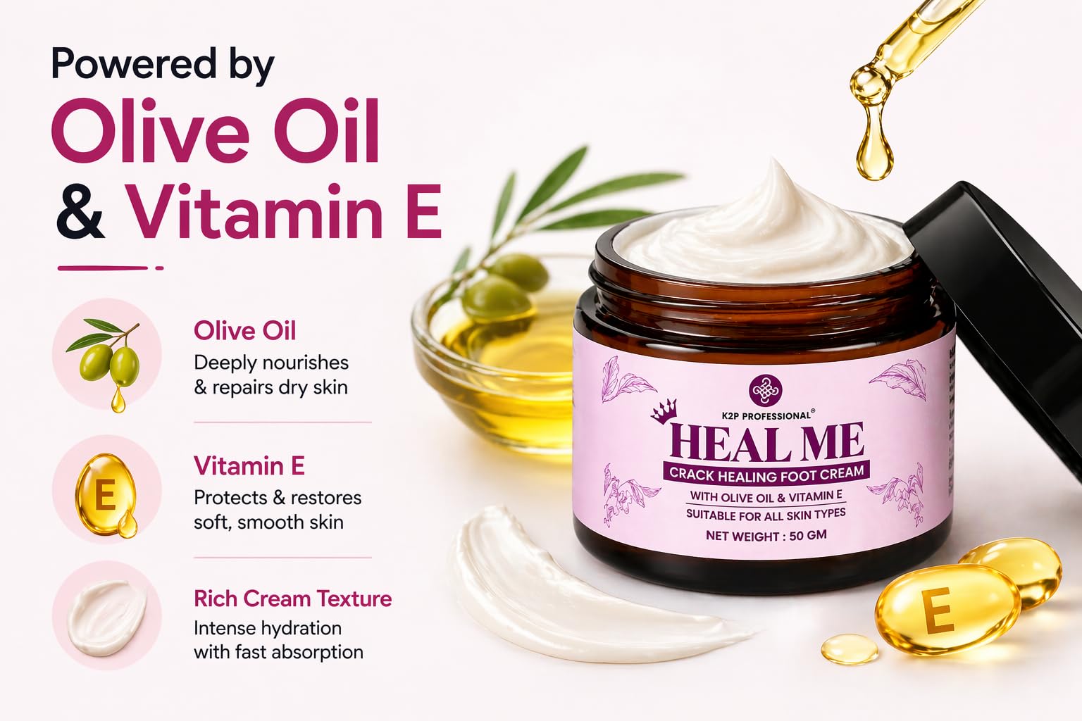 K2P HEALME Crack Healiso Foot Cream for Cracked Heels | Deep Moisturizing Heel Repair with Olive Oil & Vitamin E | Soft & Smooth Feet Care | Dry, Rough Heel Treatment | 50g 2