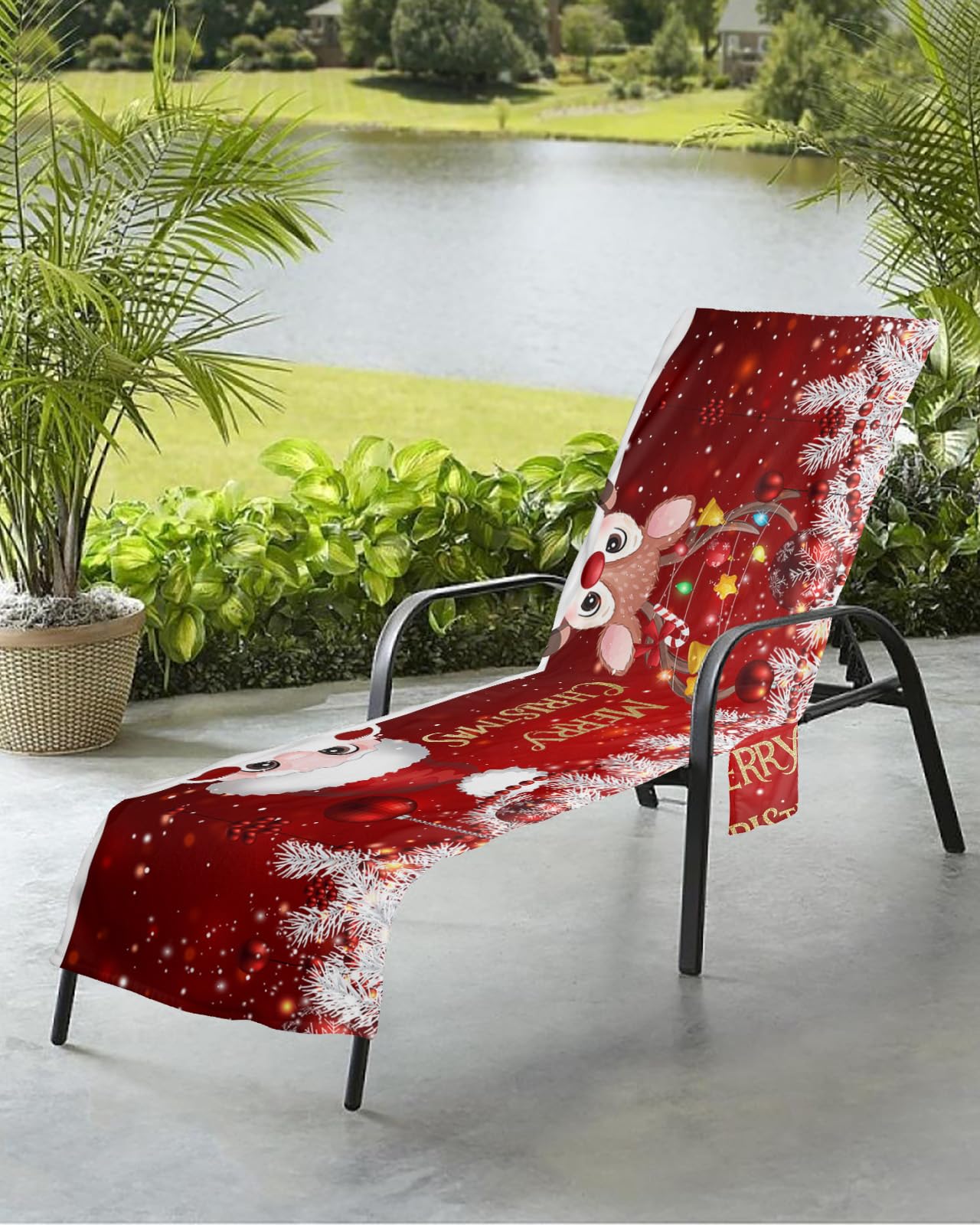 Santa Claus Red Beach Chair Towel Covers for Chaise Lounge with Side Pocket, Soft Plush Pool Towels Cover for Patio Sunbathing Outdoor 29''x85'' Christmas Cute Deer Pine Tree Ball