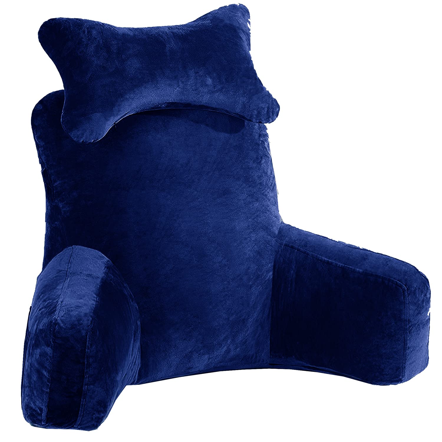 COOZLY Backrest Cushion|Reading Pillow|Bed Rest Pillow with Detachable Neck Roll & Arms for Sitting in Bed|Back Pillows for Reading/Watching TV/Gaming/Relaxing (Velvet-Navy)