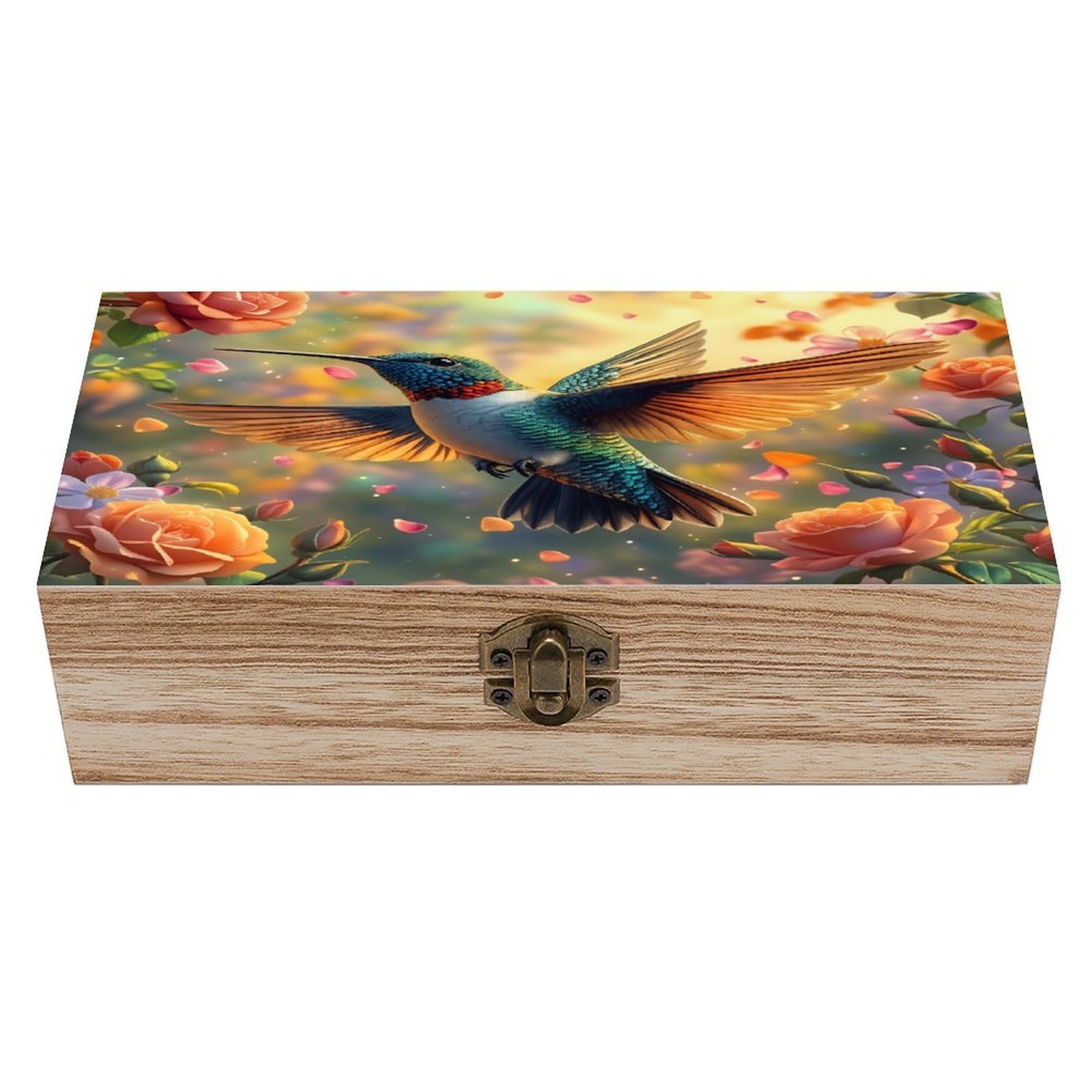 HLBSDM Hummingbird Amid Roses Vintage Wooden Keepsake Box with Hinged Lid And Locking Clasp, Decorative Storage Box for Jewelry, Trinkets And Small Accessories, Organizer for Home Or Wedding