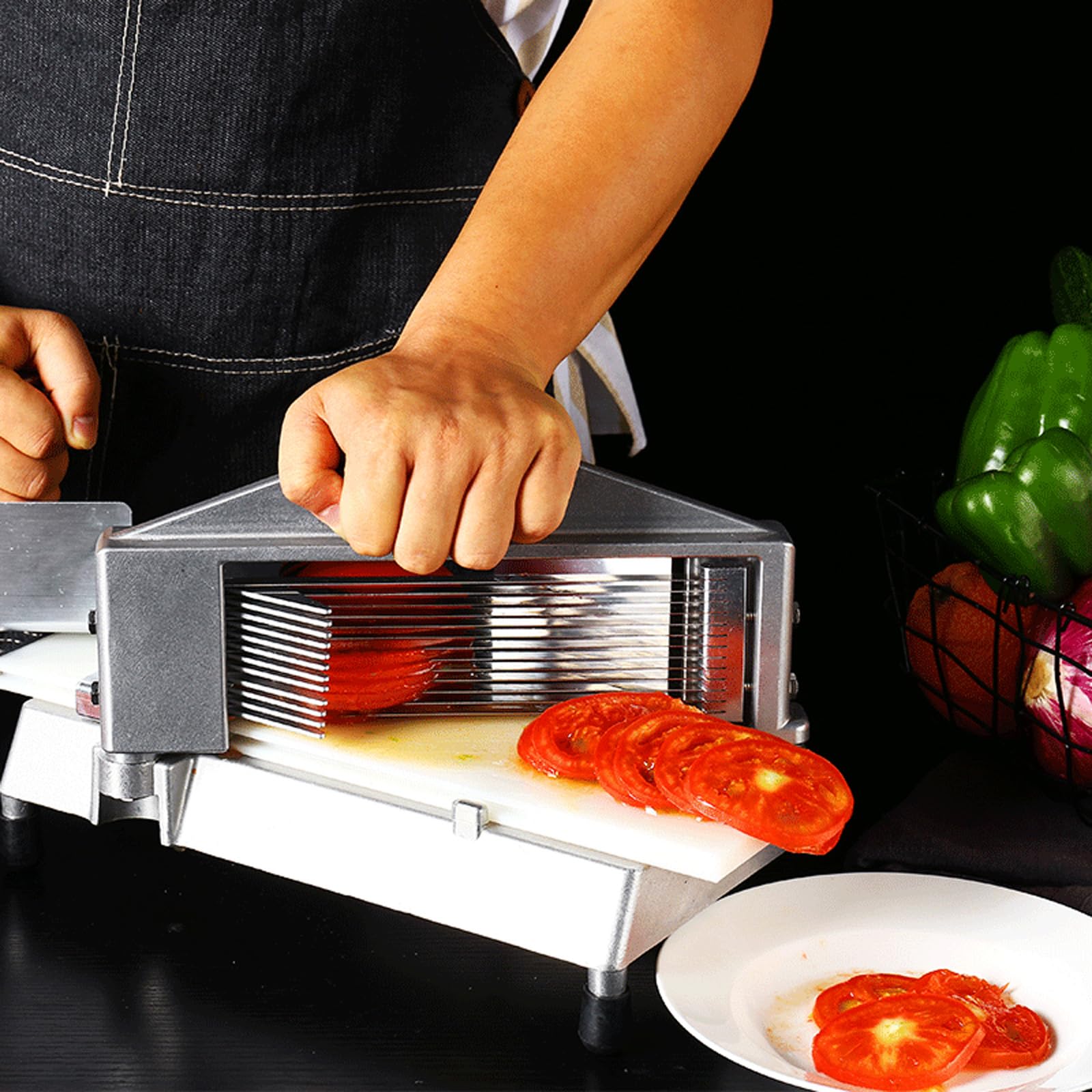 6,3/4,7 mm kommerzieller Gemüse- und Obstschneider, Tomatenschneider aus Edelstahl, mit Handschutz und Schreibtischbefestigung, sicherer Gemüseschneider, leicht zu reinigen, für die Essenszubereitun
