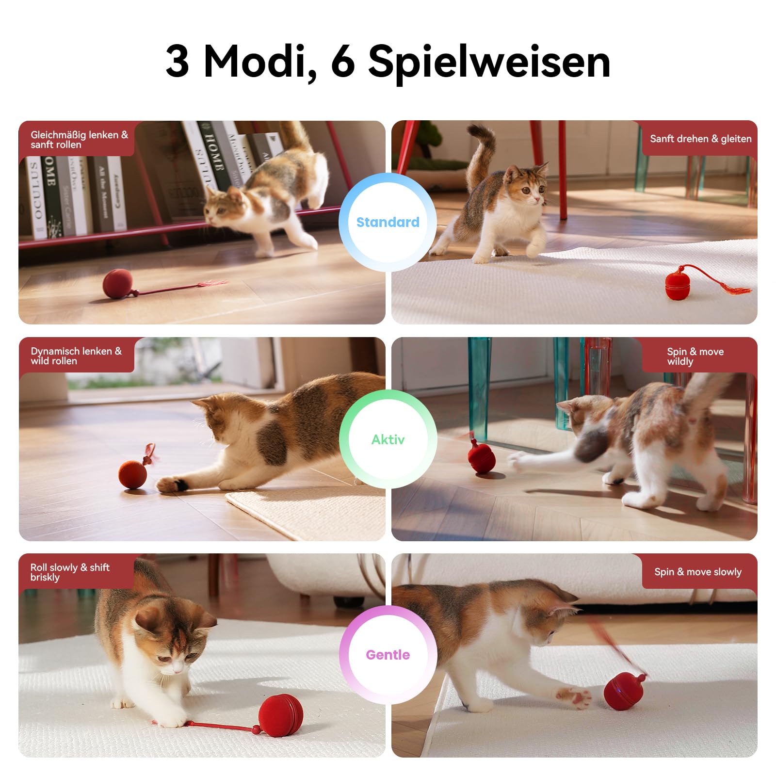 Cheerble 2 in 1 Interaktives Katzenspielzeug, Wicked Ball Duo2, Rot | Elektrisch rollender Katzenball und Kreisel mit 3 Modi & 6 Kombinationen, Zwitschern, LED-Lichtern, Perfektes für Katzen