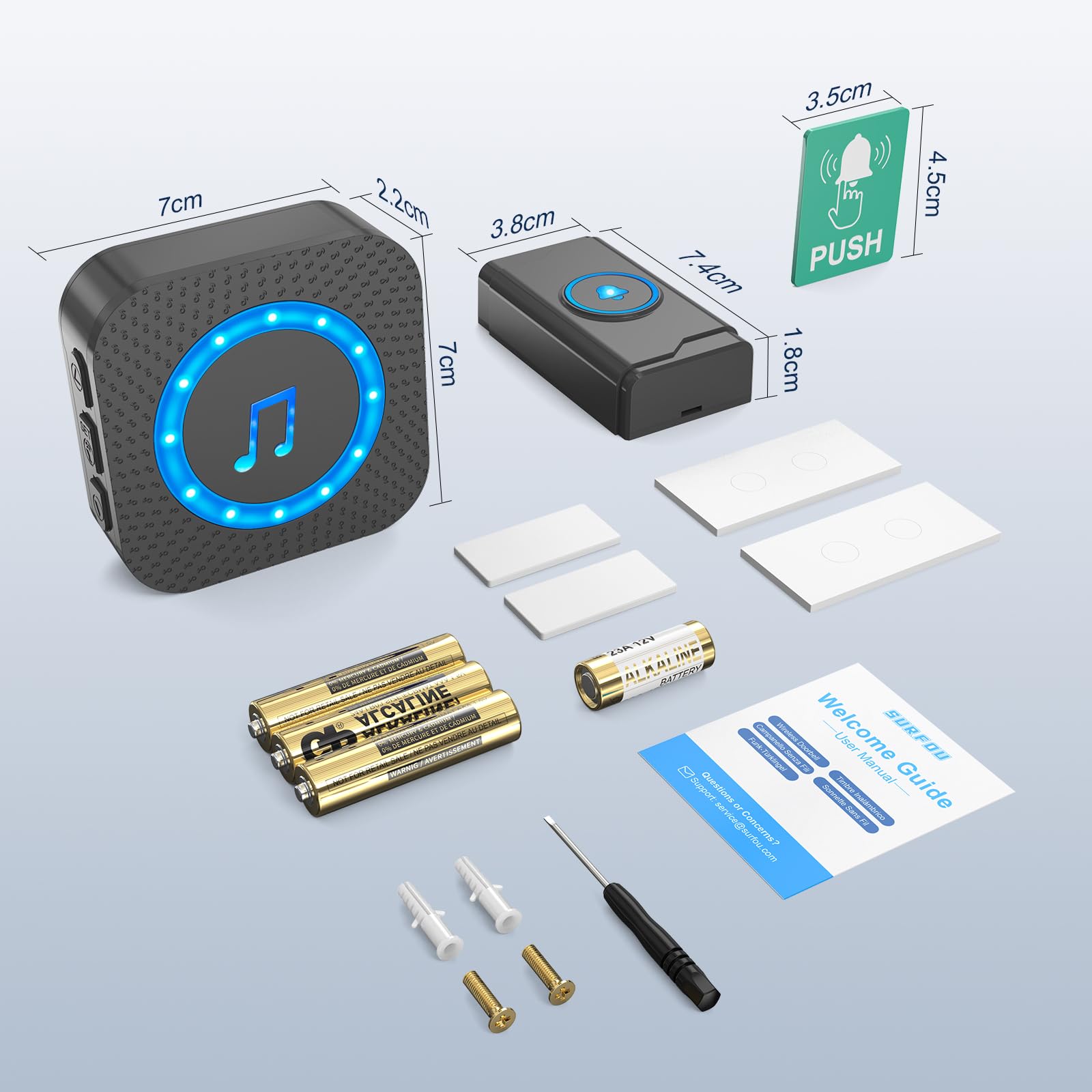 SURFOU Timbre Inalámbrico con pilas Exterior Interior Impermeable, Campainha Sem Fios, Kit Wireless Doorbell Puerta para Casa 400M de Alcance con 55 Melodías, 5 Niveles Volumen, Indicador LED (Negro)