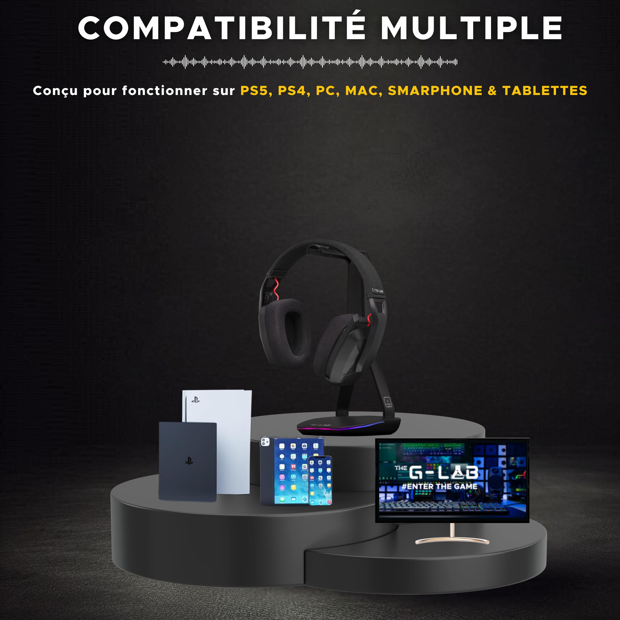 The G-Lab - Korp Platinium - Casque Gaming sans Fil Rechargeable PC/Ps4/Ps5 - Casque Gamer sans Fil Double Modes Bluetooth / 2.4Ghz - Son Stéréo Haute Qualité, Connexion Fluide - New