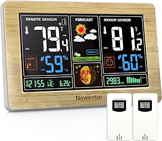 Newentor Weather Station Wireless Indoor Outdoor Thermometer, Color Display Digital Weather Thermometer with Atomic Clock, Barometric Pressure, Forecast Station with Adjustable Backlight,Wood,2Sensor