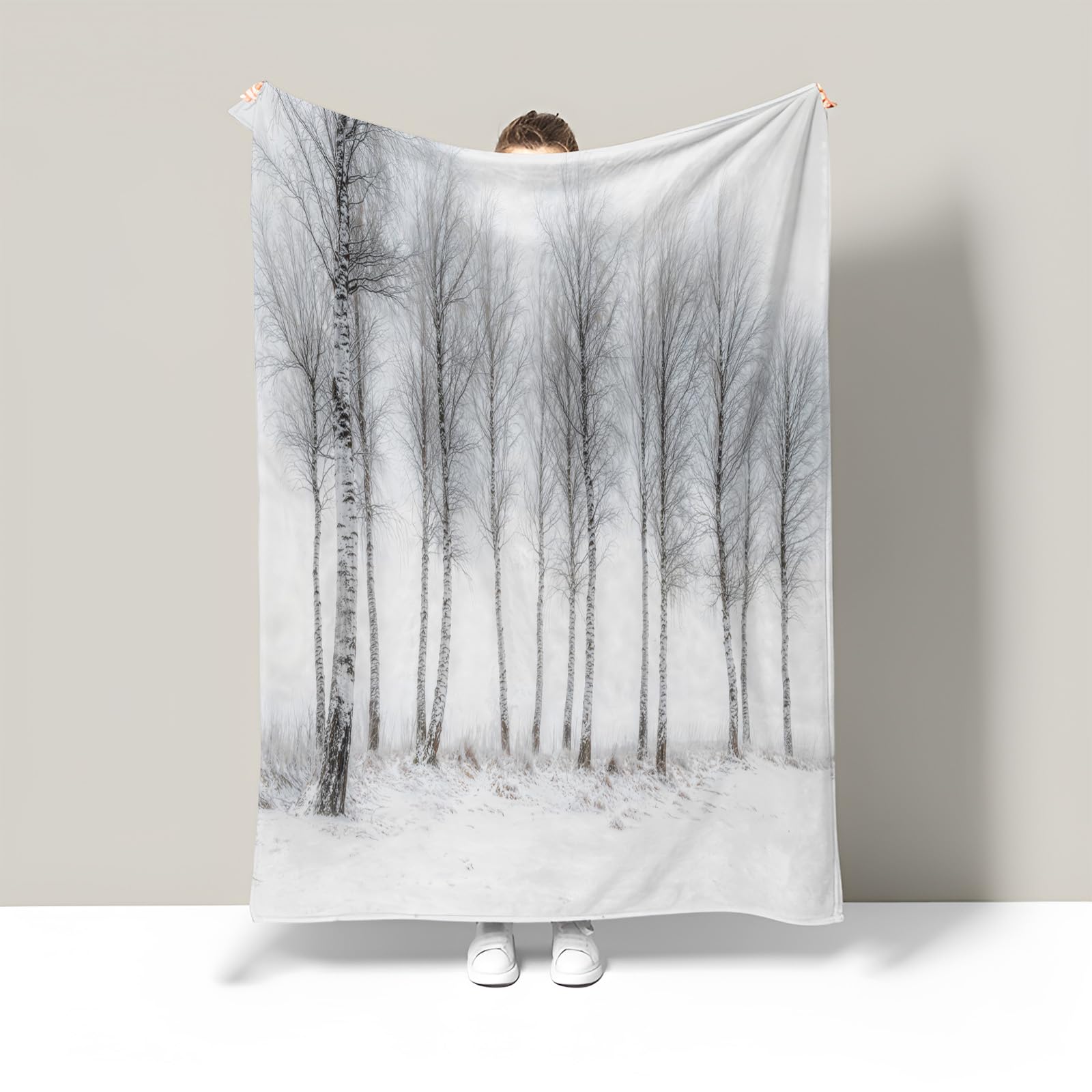 Couverture Douce et Chaude Plaid 3D Bouleaux Hiver Décoration Naturelle Lit Canapé 130x160